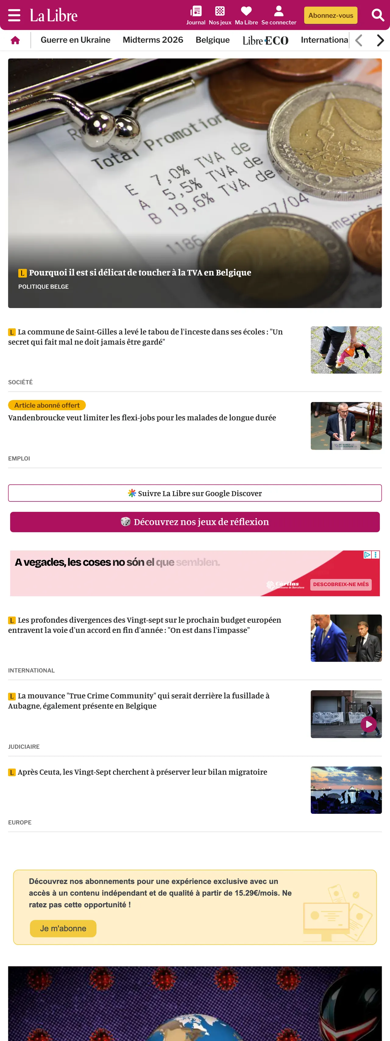 Screenshot of the La Libre front page