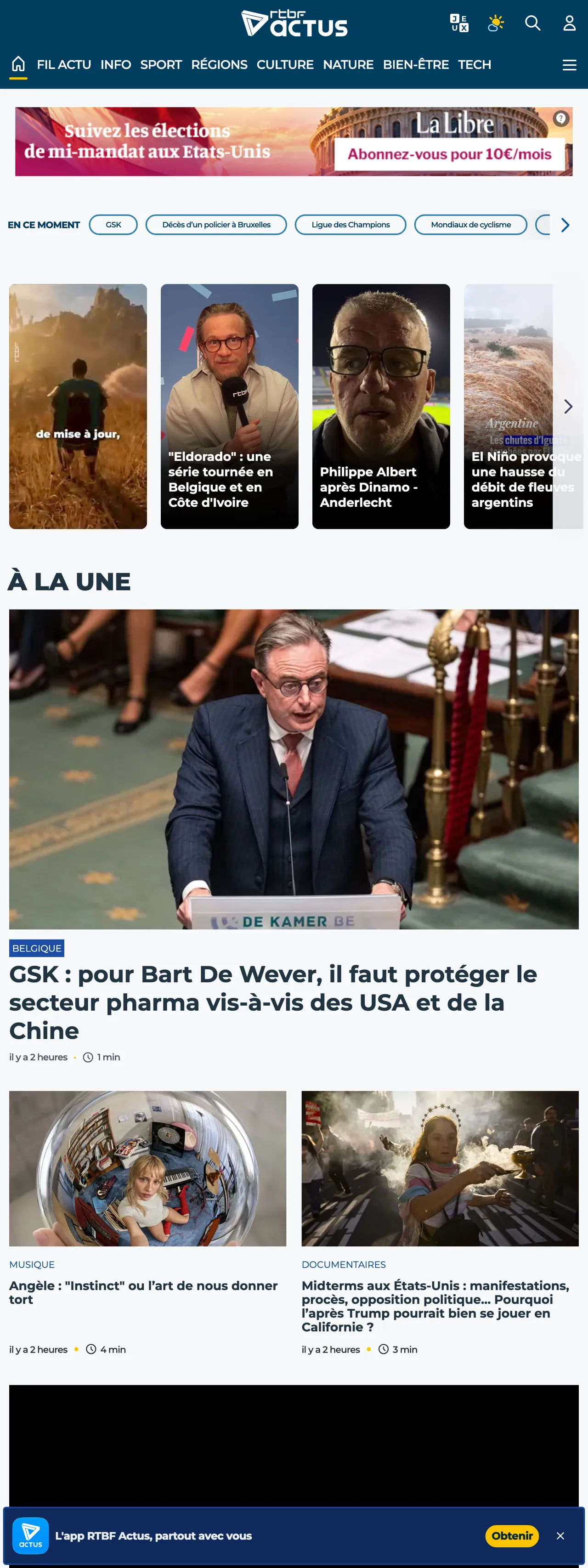 Screenshot of the RTBF front page