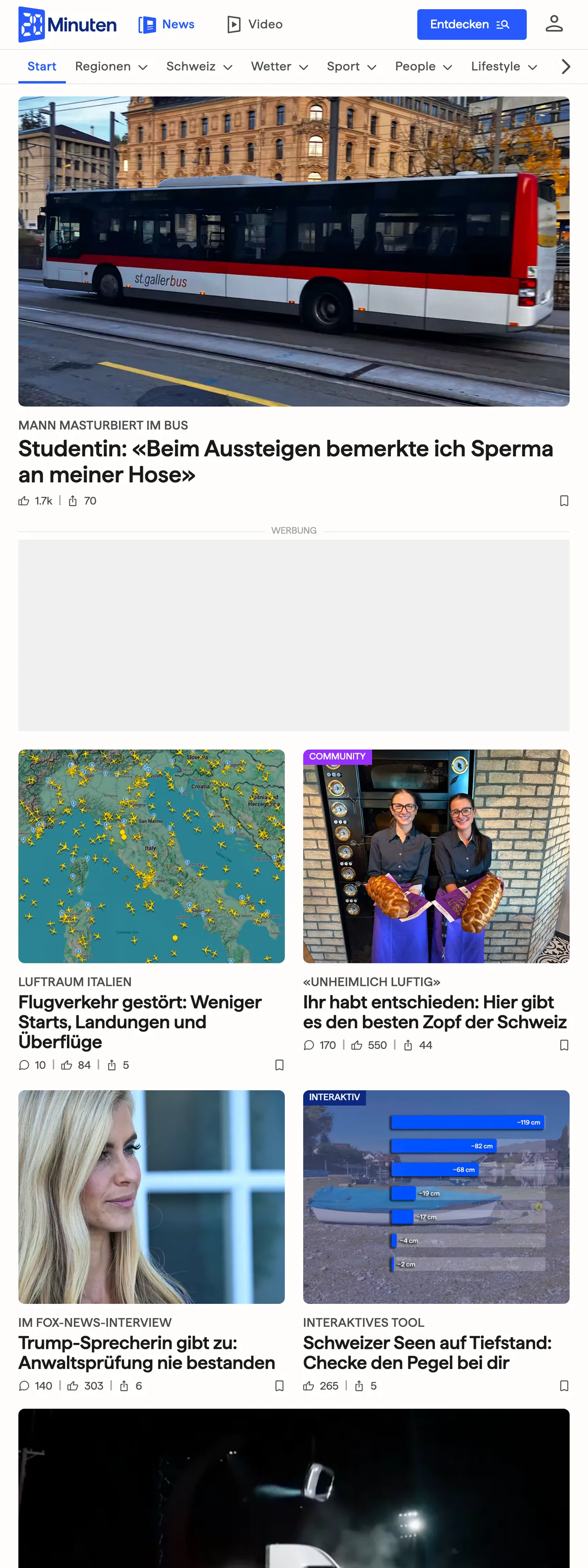 Screenshot of the 20 Minuten front page