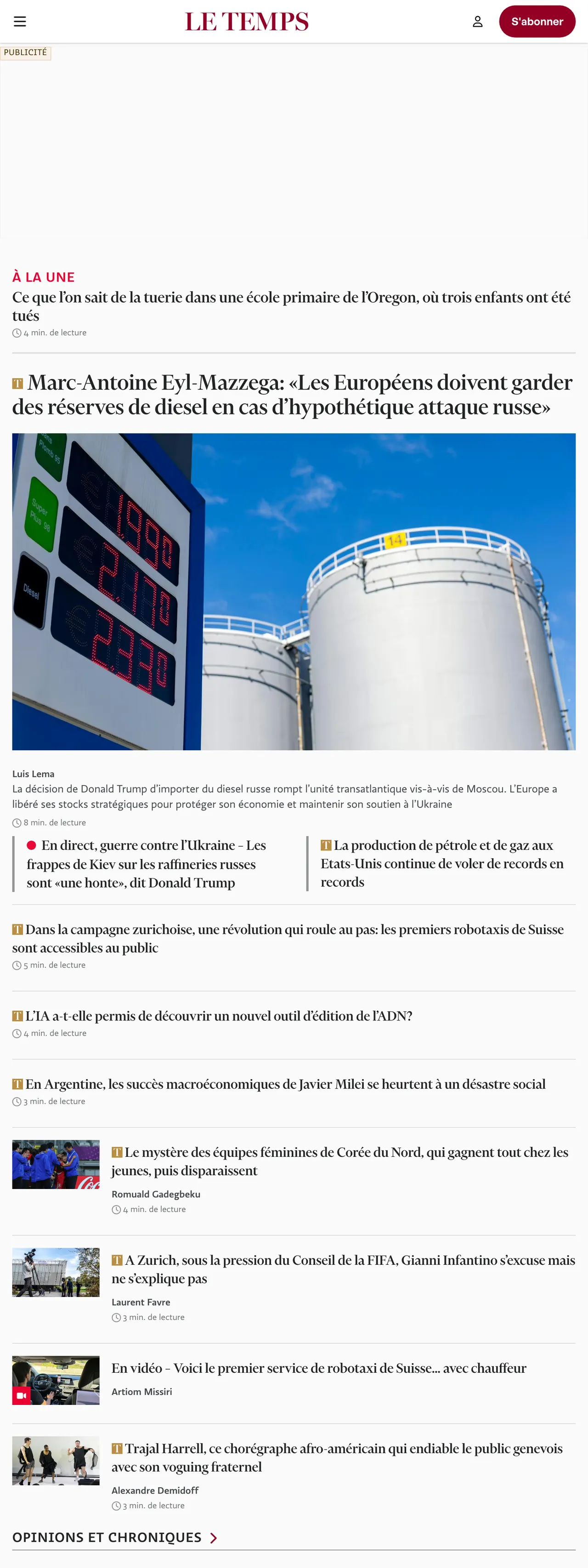 Screenshot of the Le Temps front page
