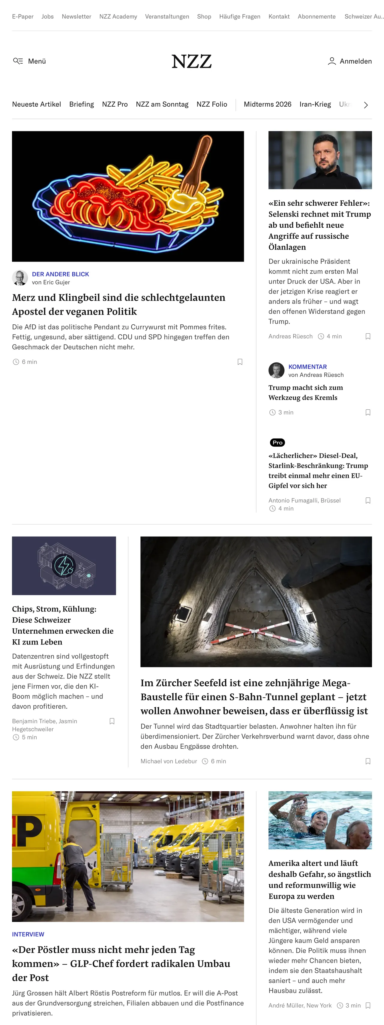 Screenshot of the Neue Zürcher Zeitung front page