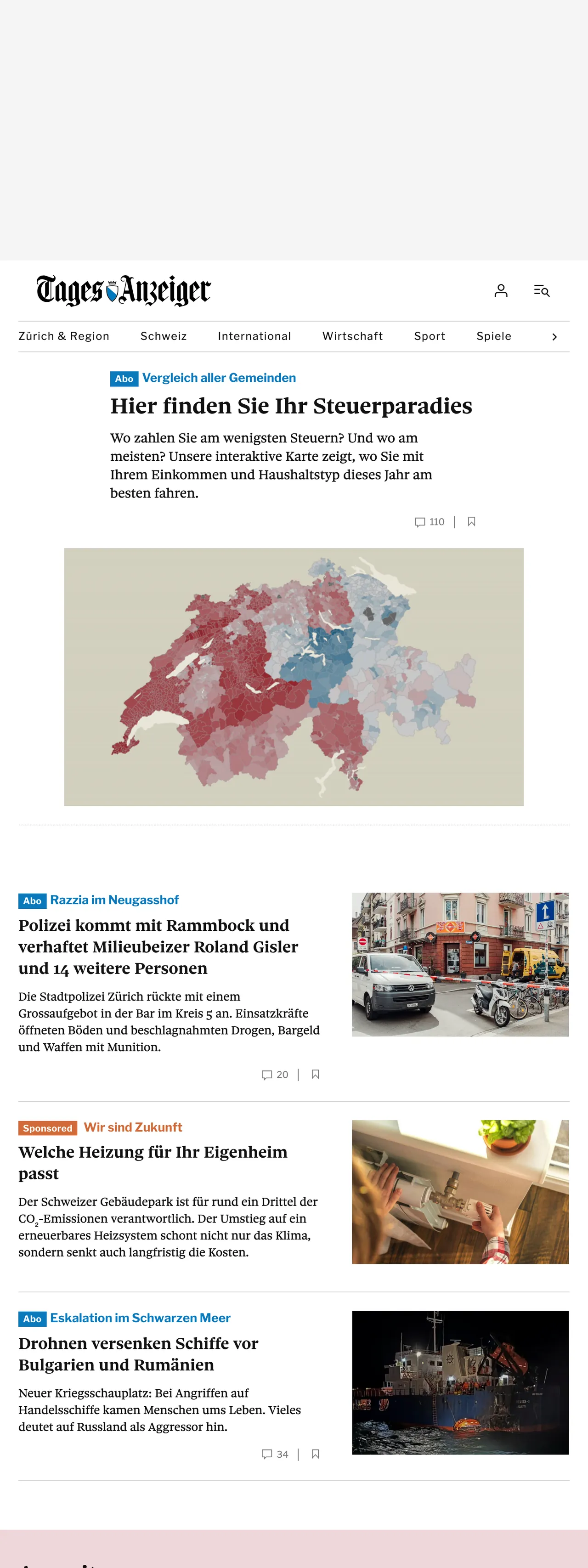 Screenshot of the Tages-Anzeiger front page