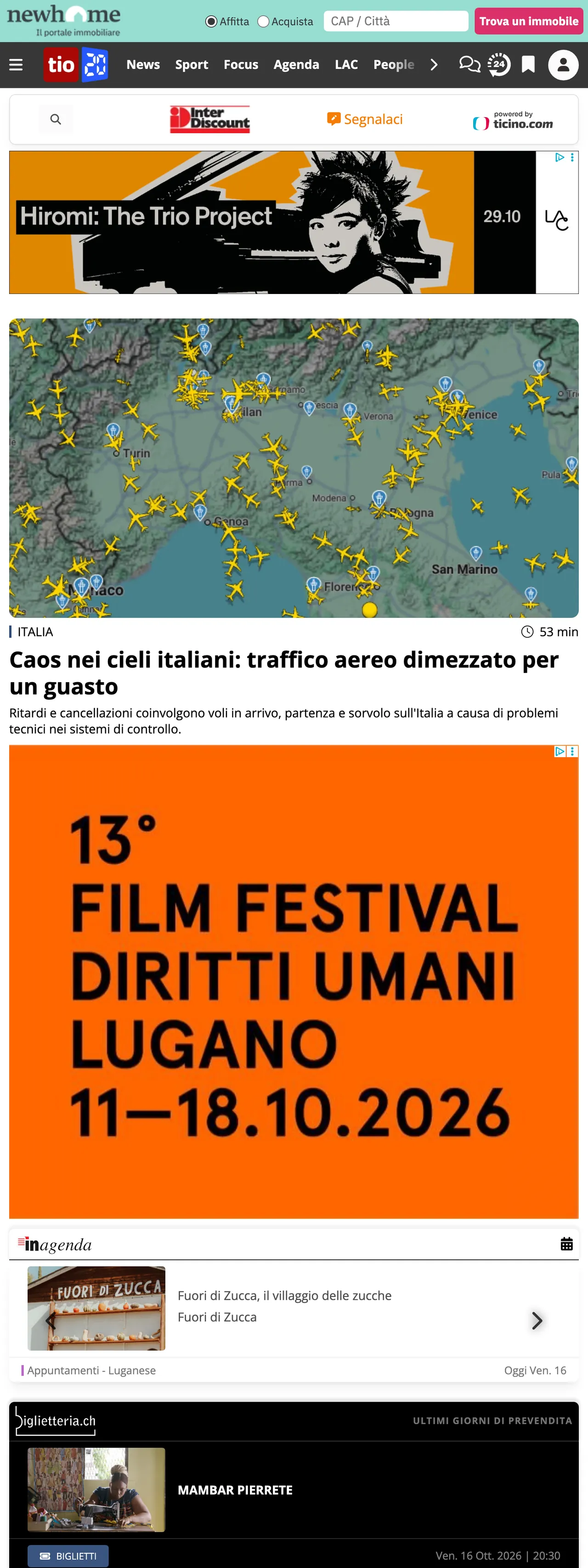 Screenshot of the Ticinonline front page