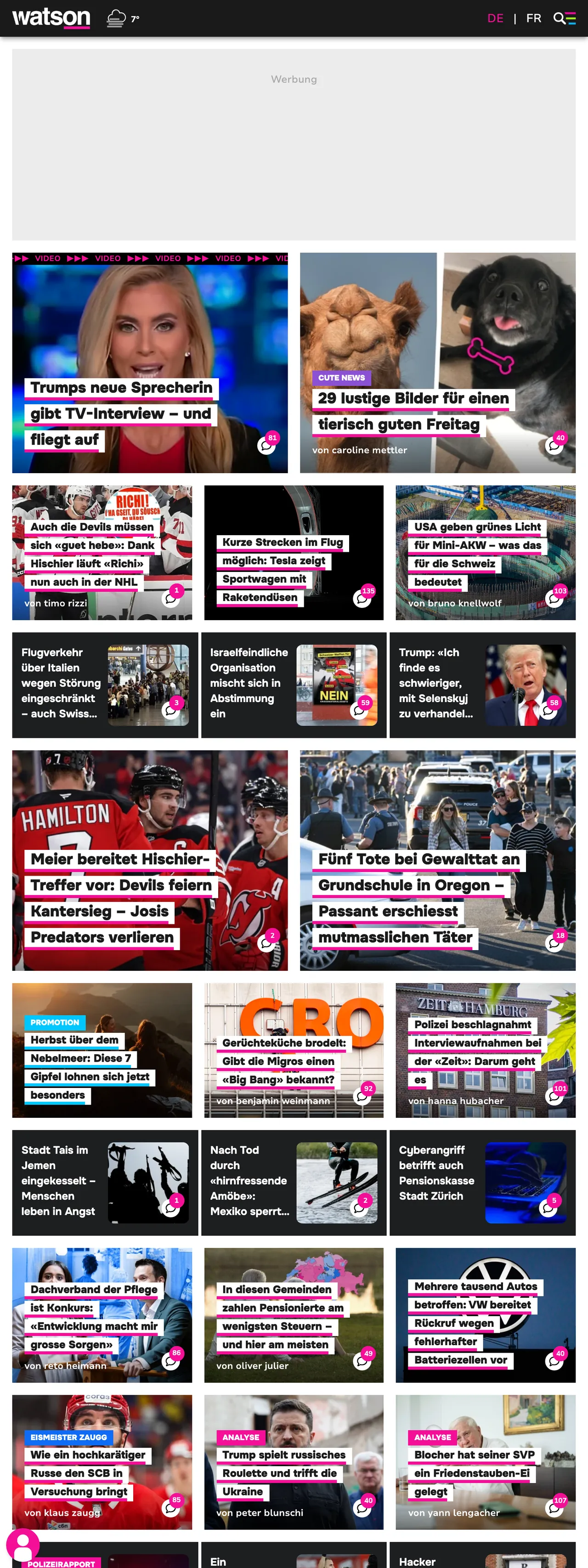 Screenshot of the watson front page