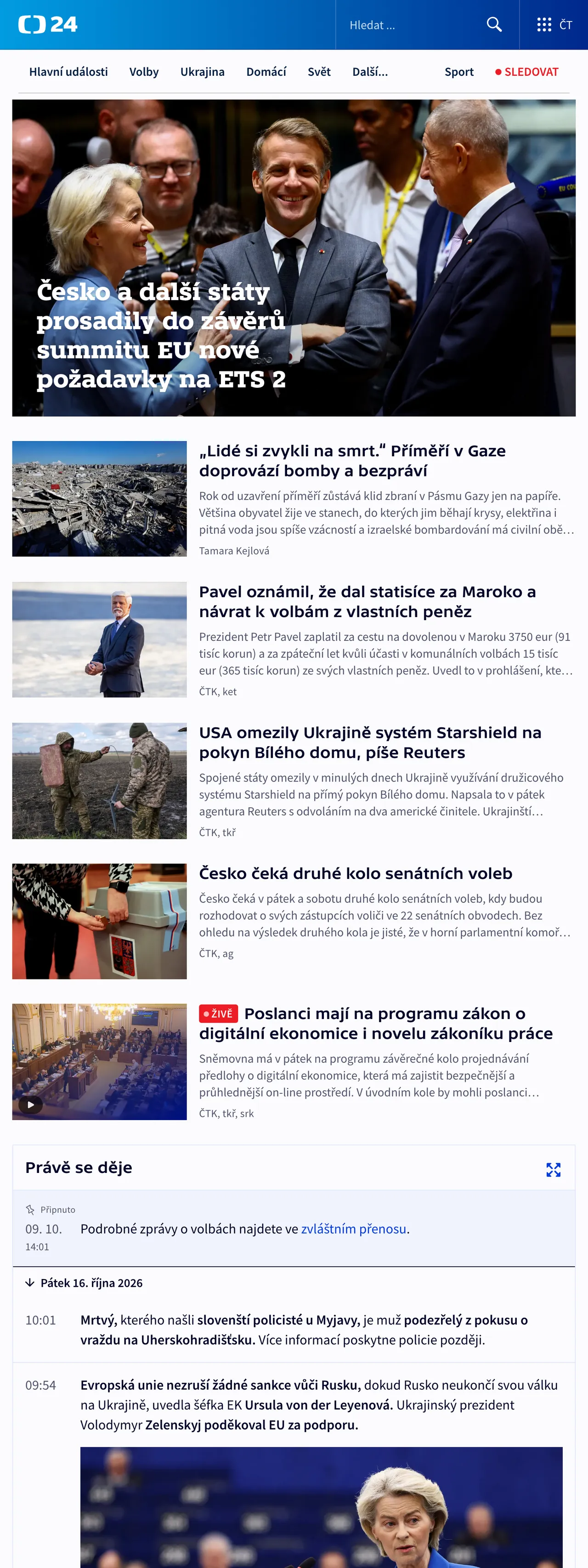 Screenshot of the ČT24 front page