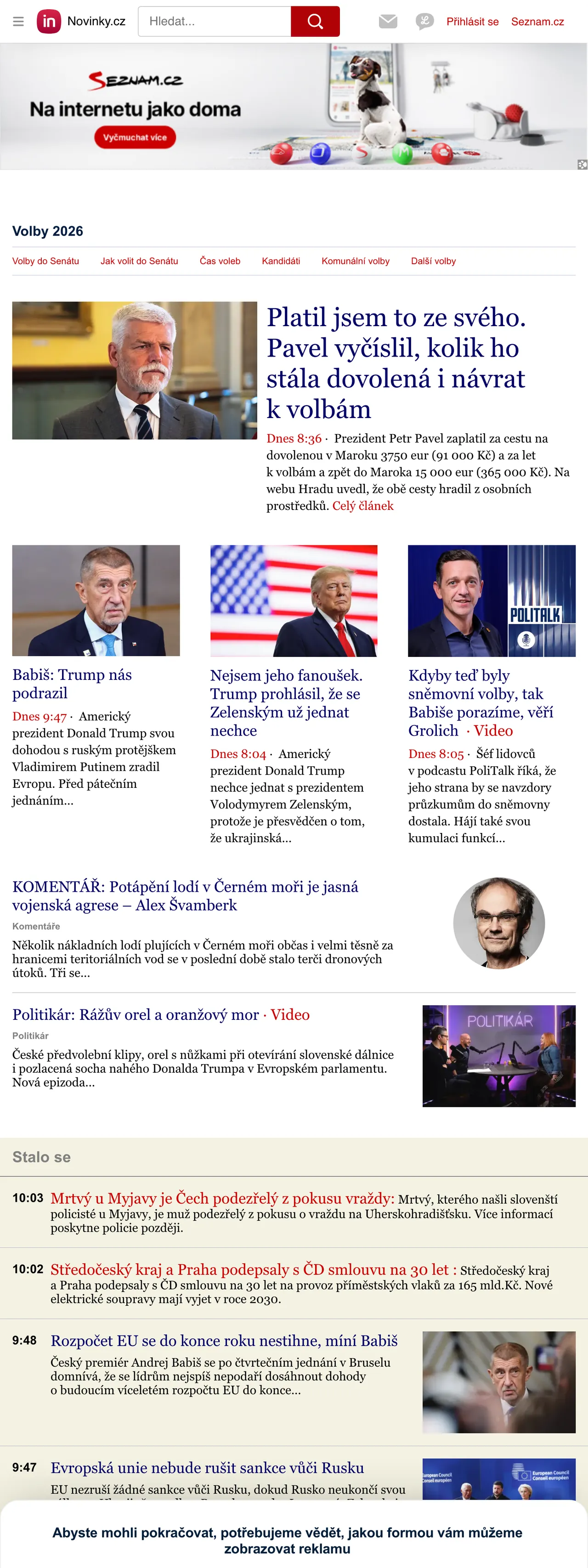 Screenshot of the Novinky.cz front page