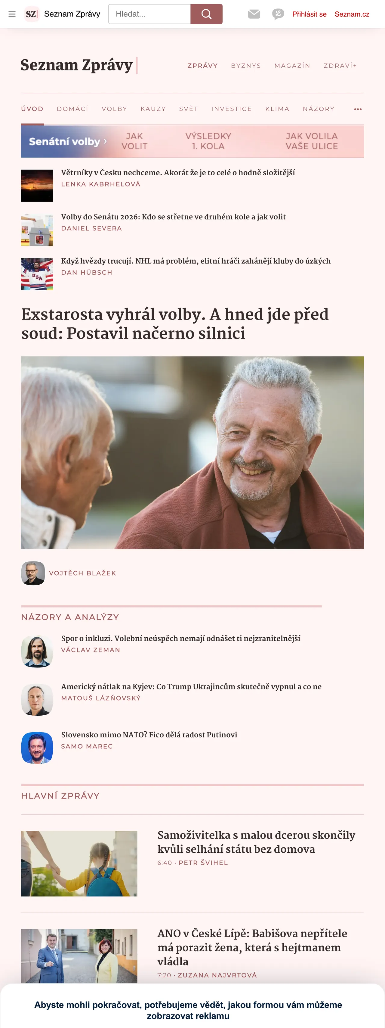 Screenshot of the Seznam Zprávy front page