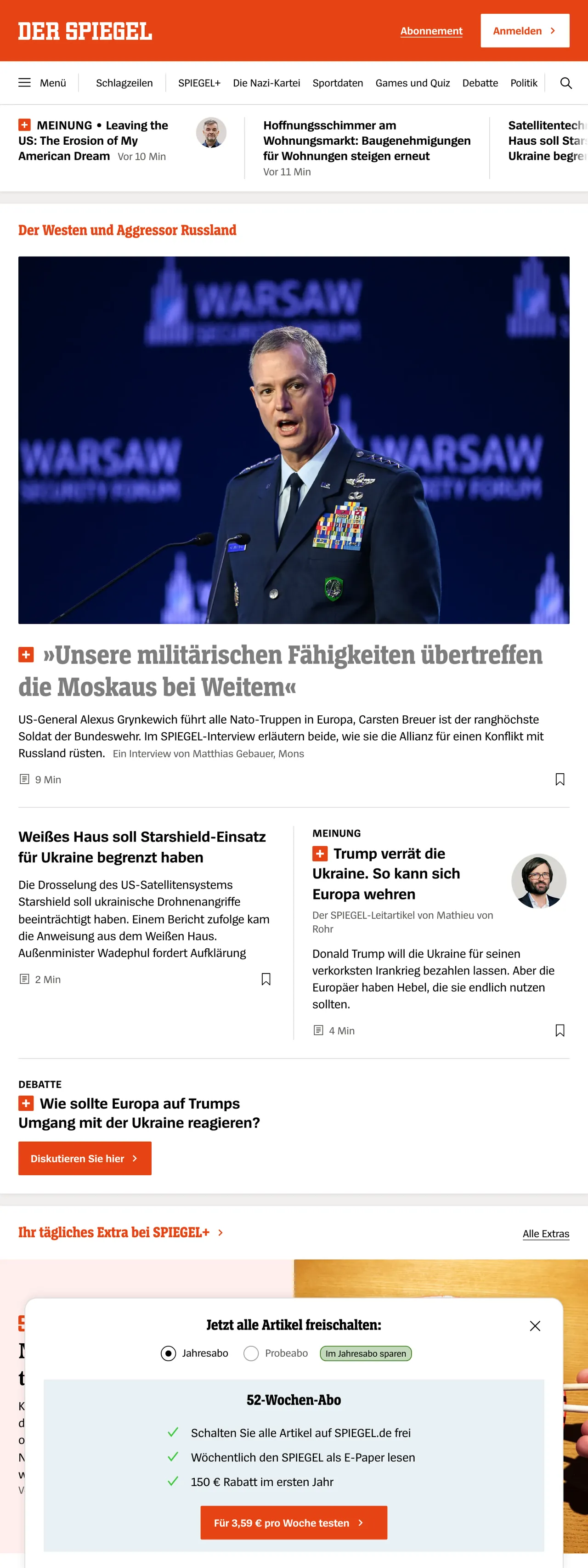 Screenshot of the DER SPIEGEL front page
