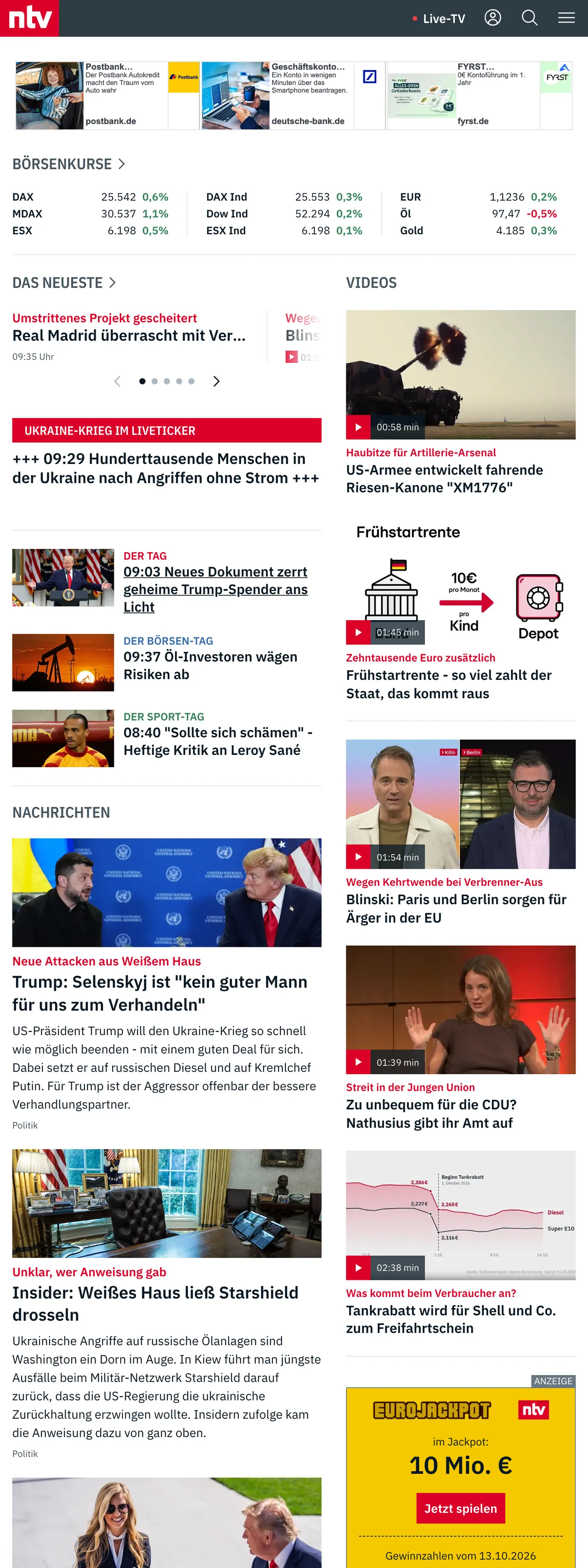Screenshot of the n-tv front page