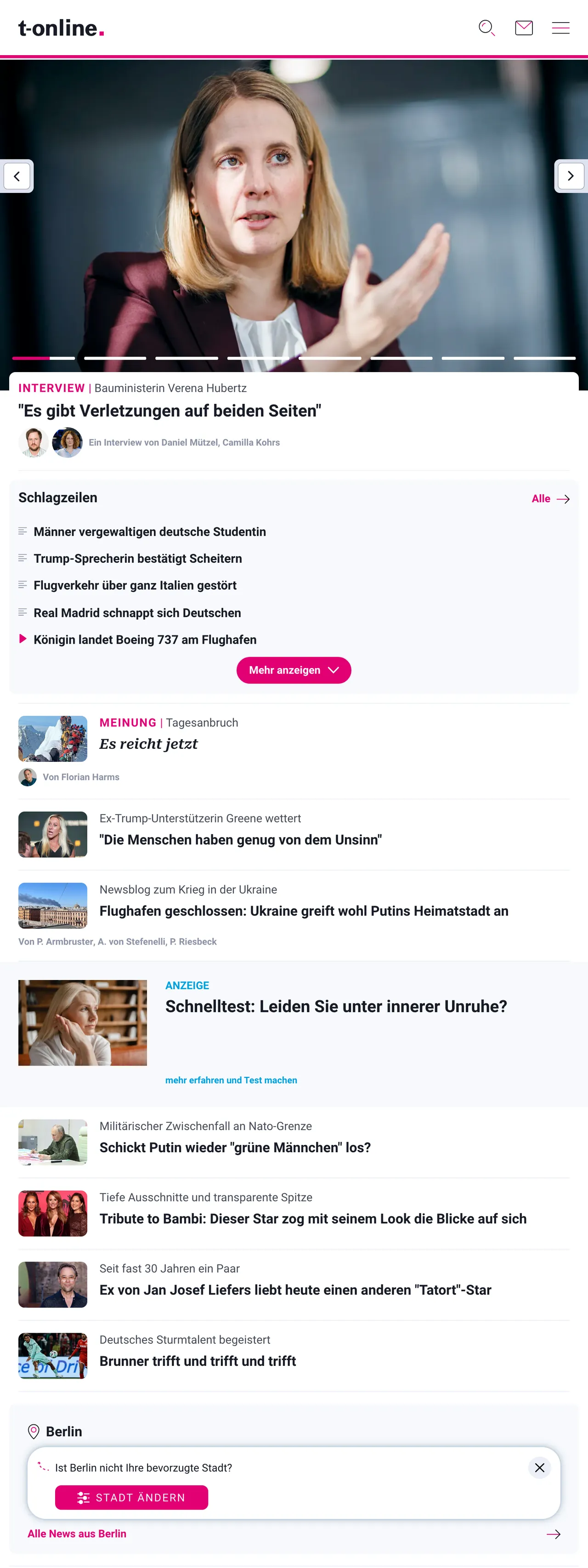 Screenshot of the t-online front page