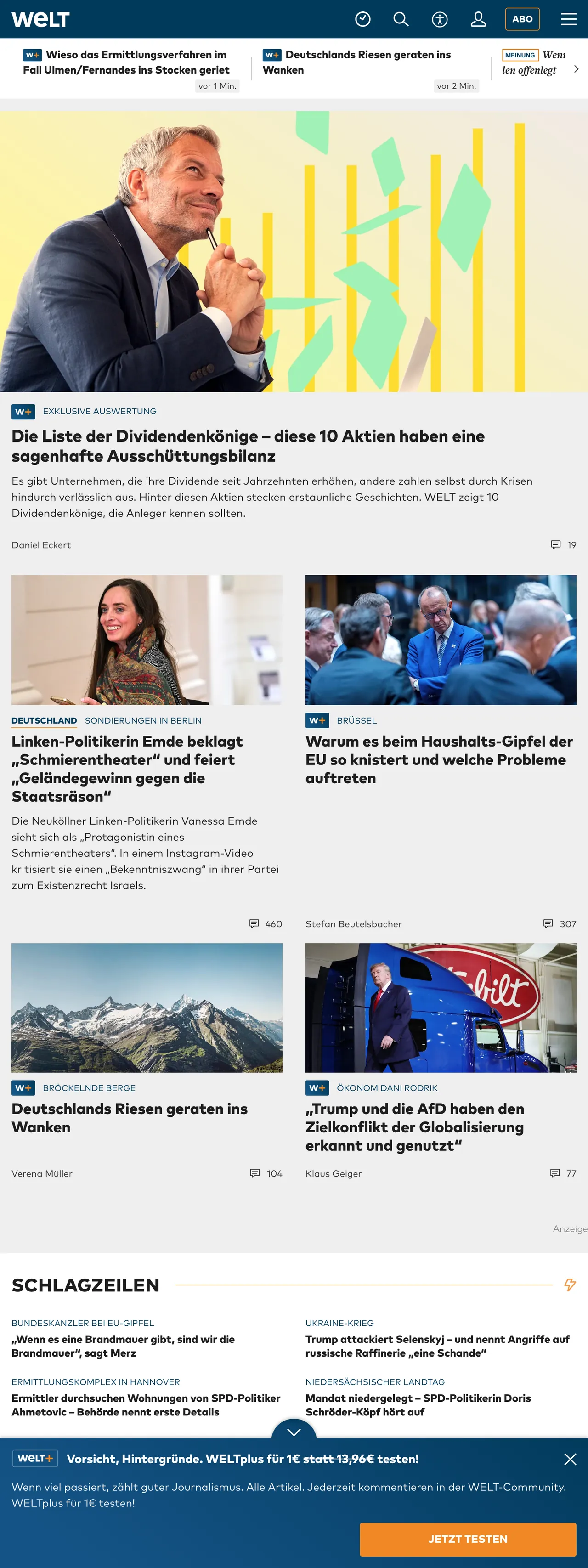 Screenshot of the WELT front page