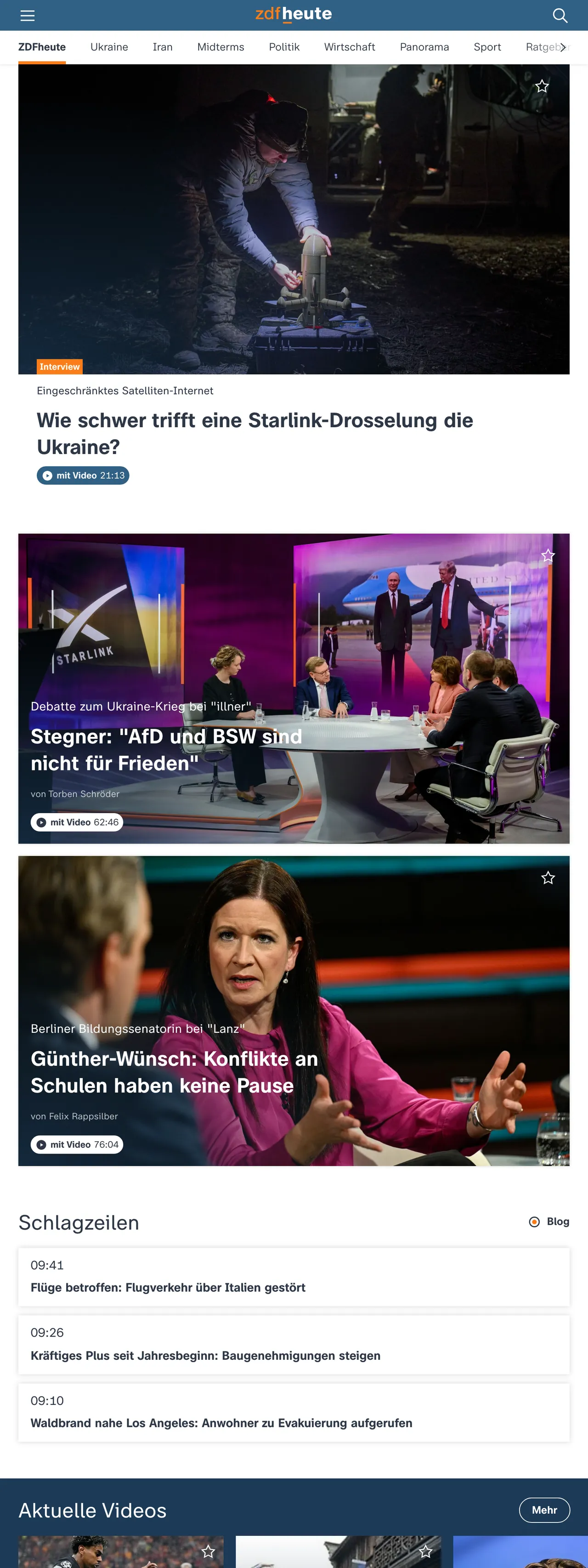 Screenshot of the ZDFheute front page