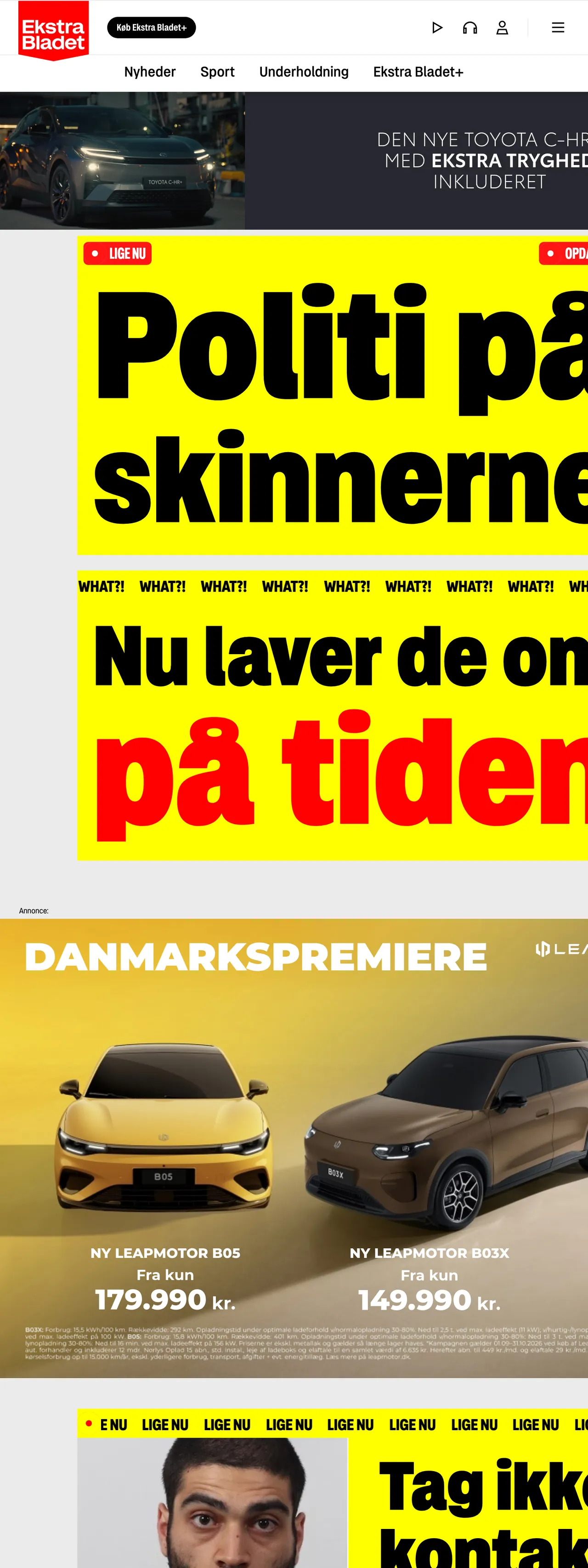 Screenshot of the Ekstra Bladet front page