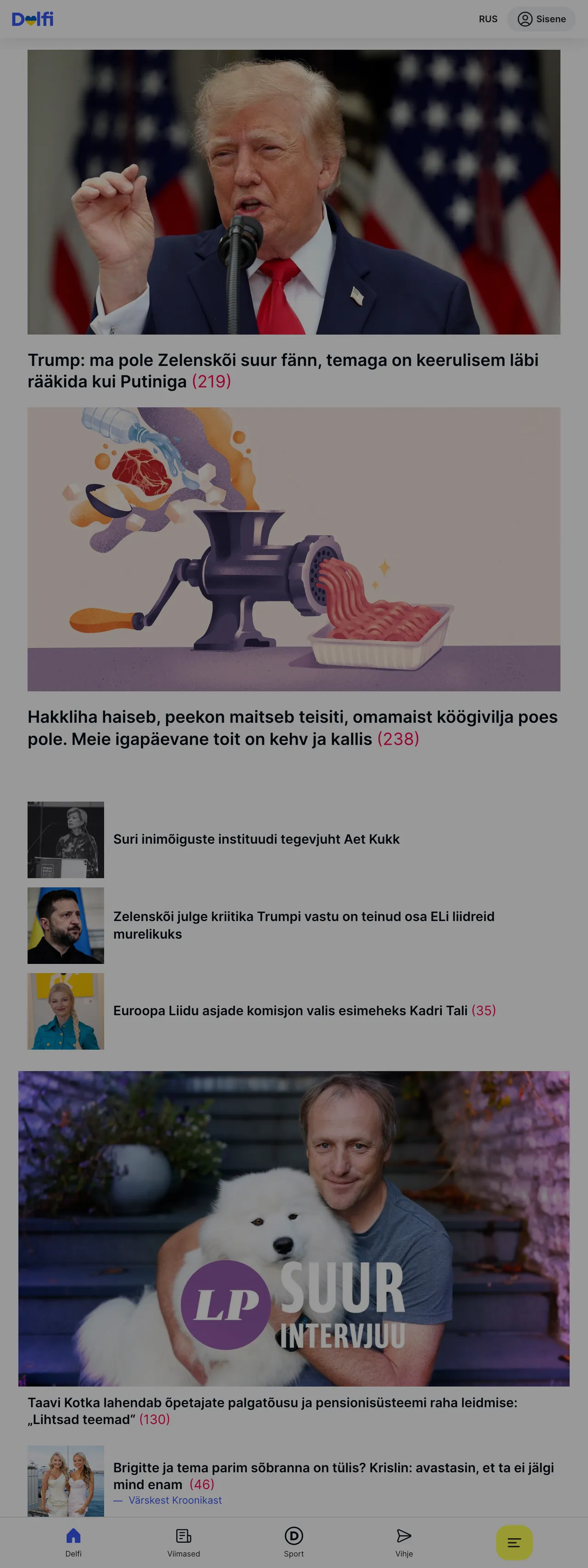 Screenshot of the Delfi front page
