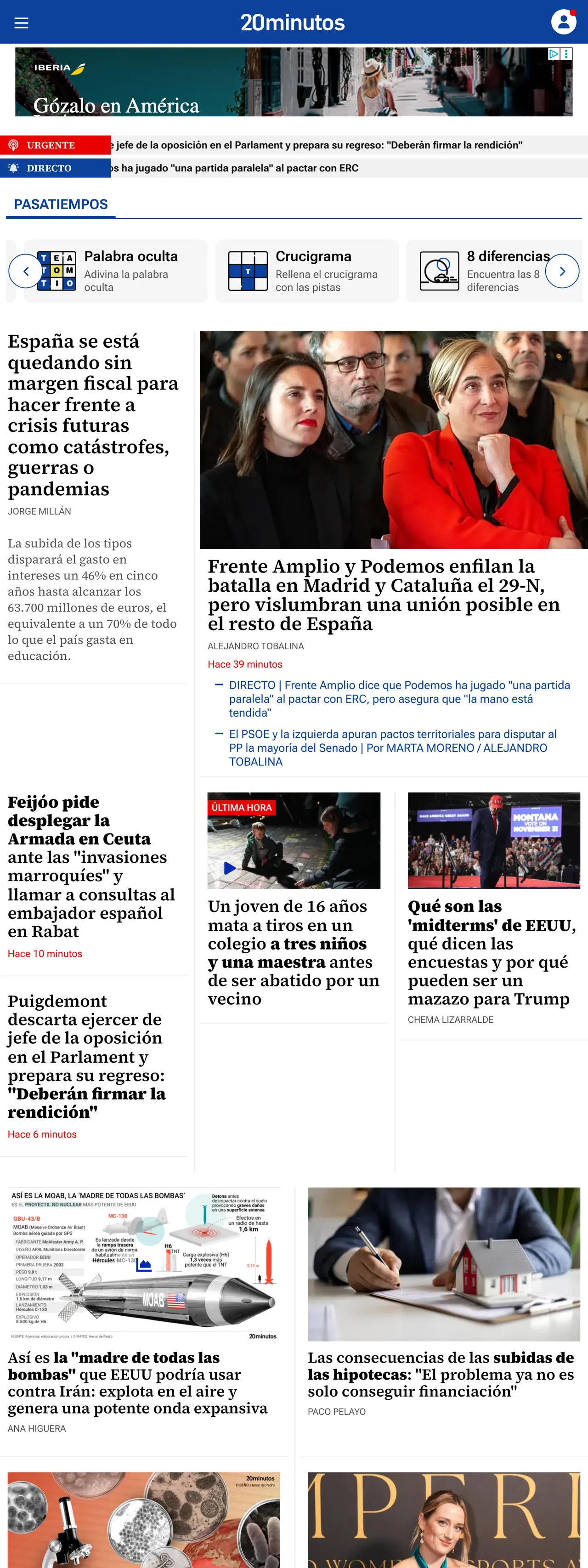 Screenshot of the 20minutos front page