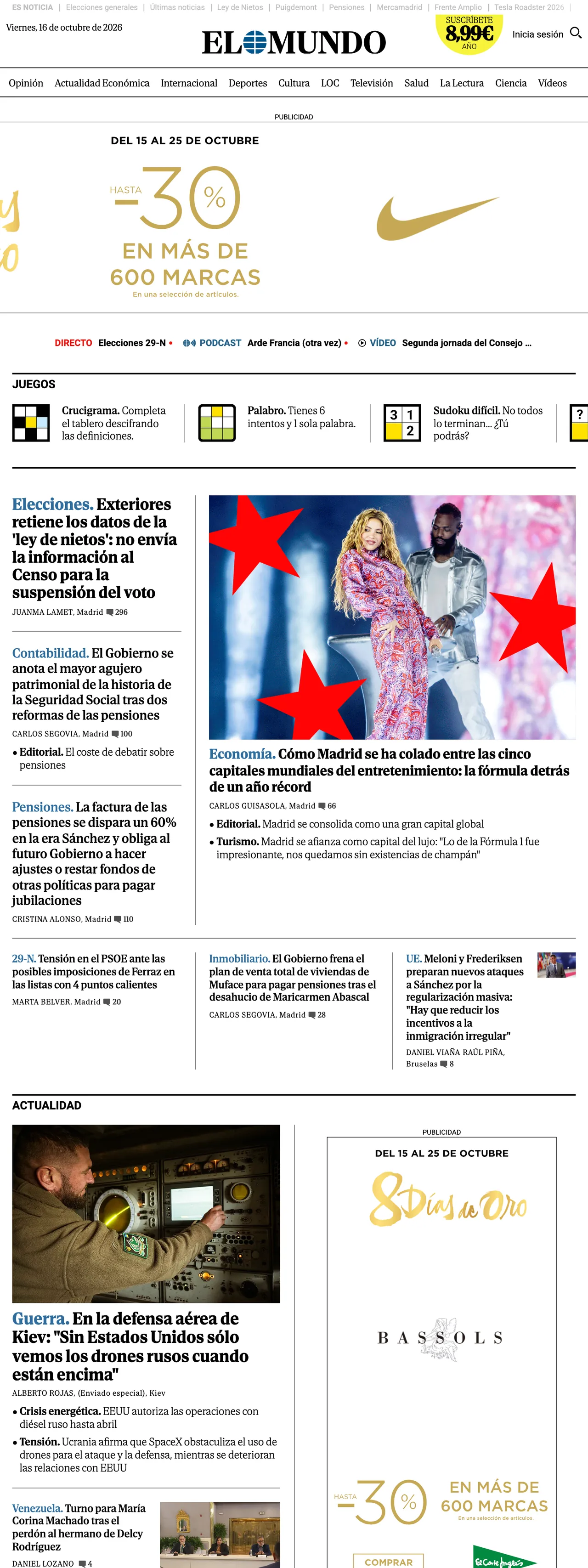 Screenshot of the El Mundo front page