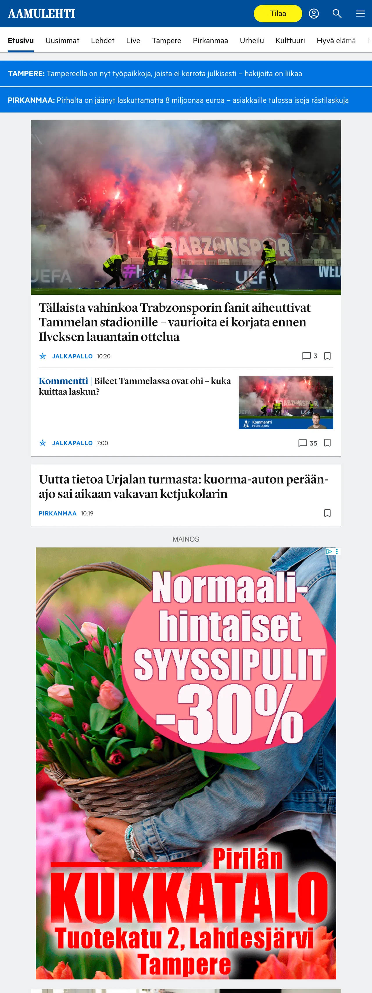 Screenshot of the Aamulehti front page