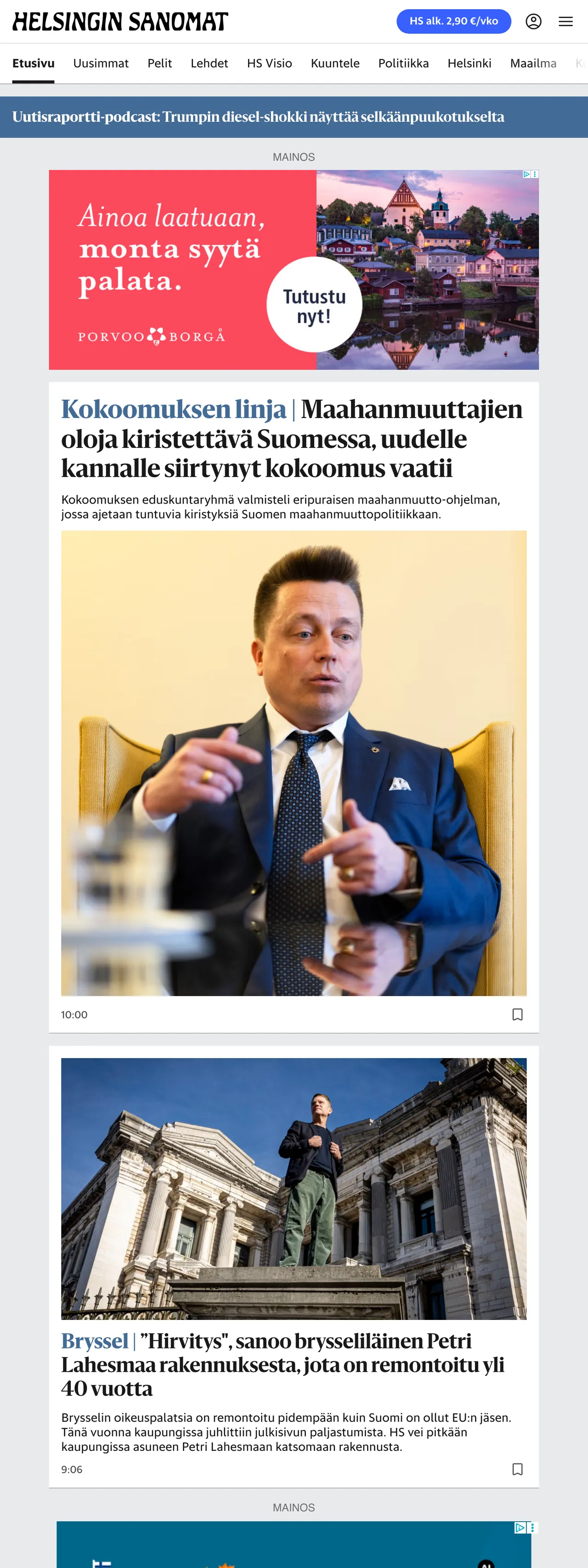 Screenshot of the Helsingin Sanomat front page