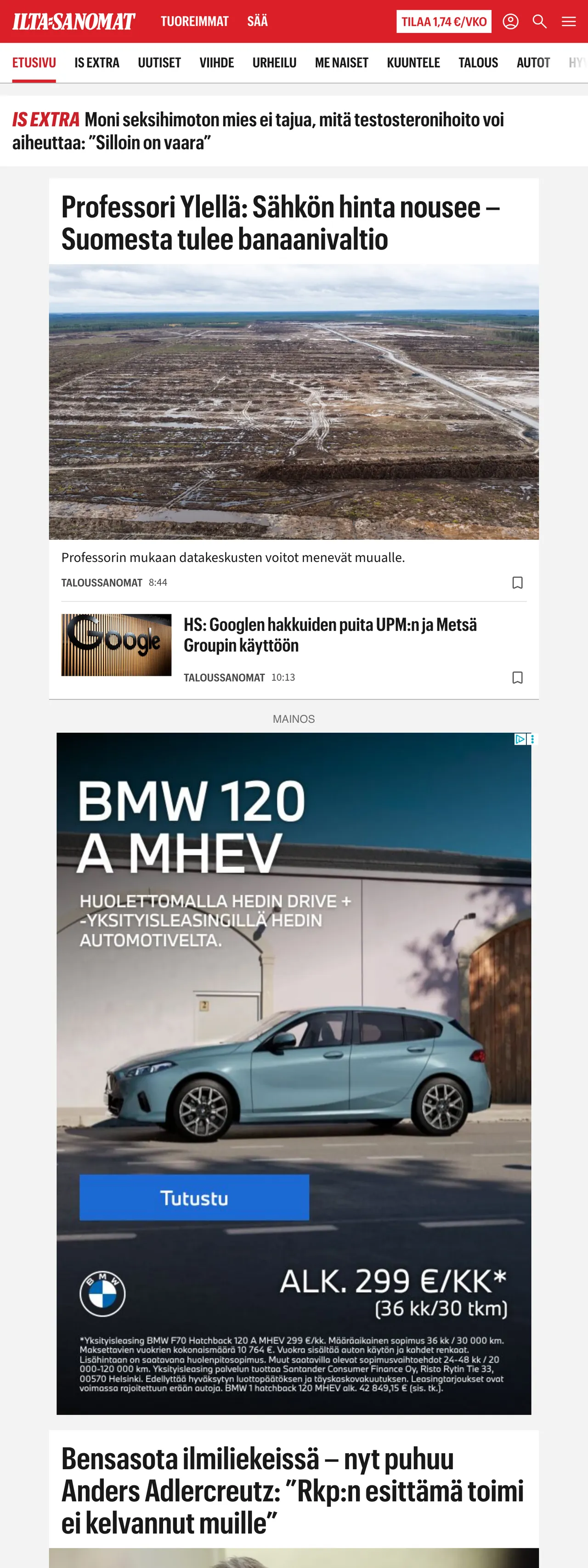 Screenshot of the Ilta-Sanomat front page