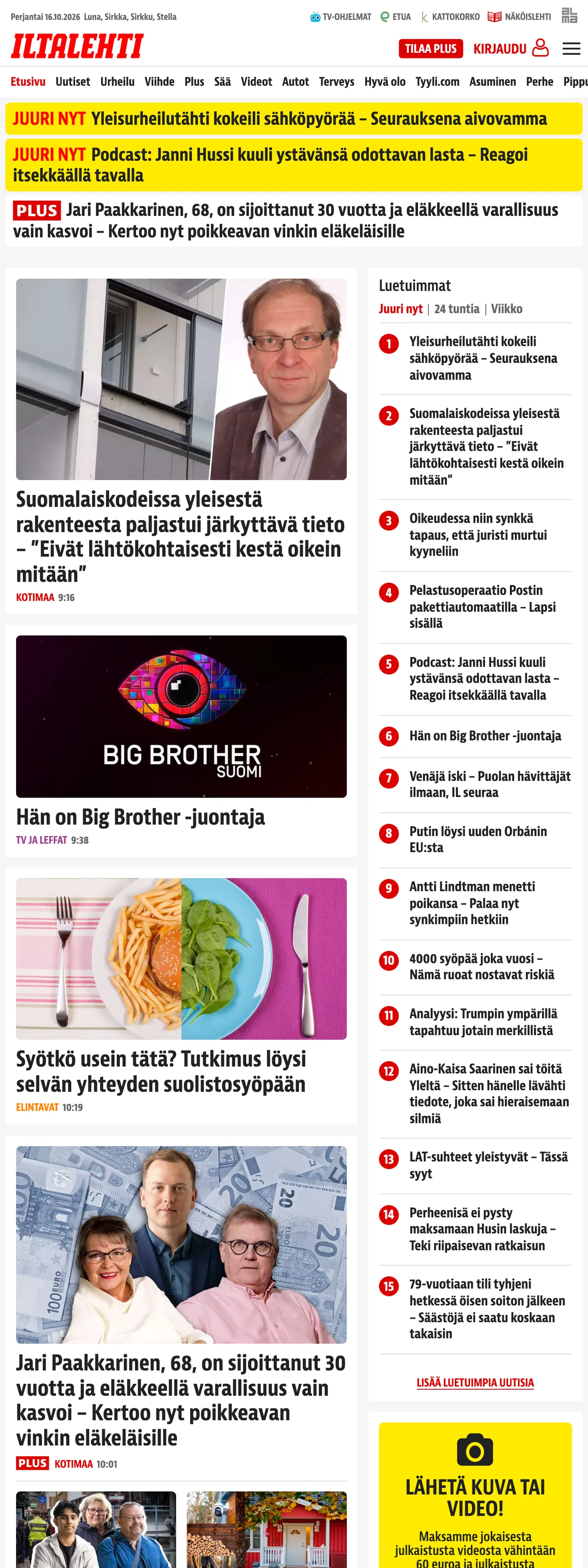 Screenshot of the Iltalehti front page
