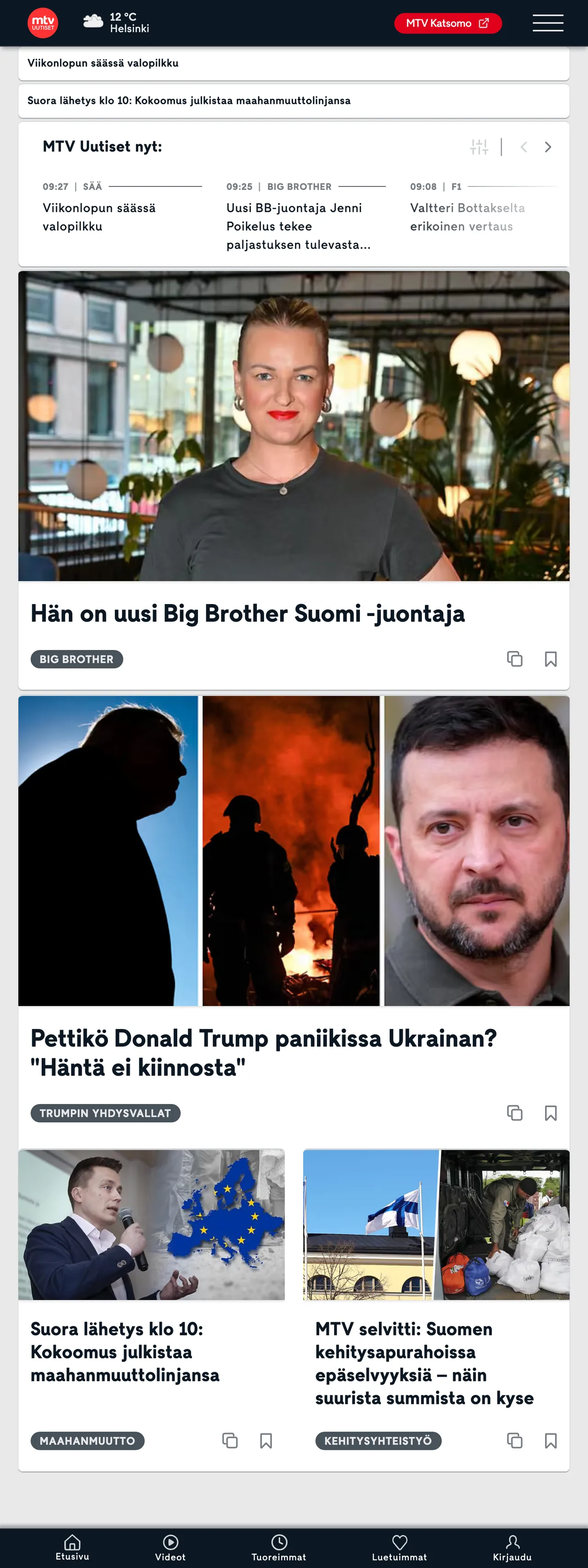 Screenshot of the MTV Uutiset front page