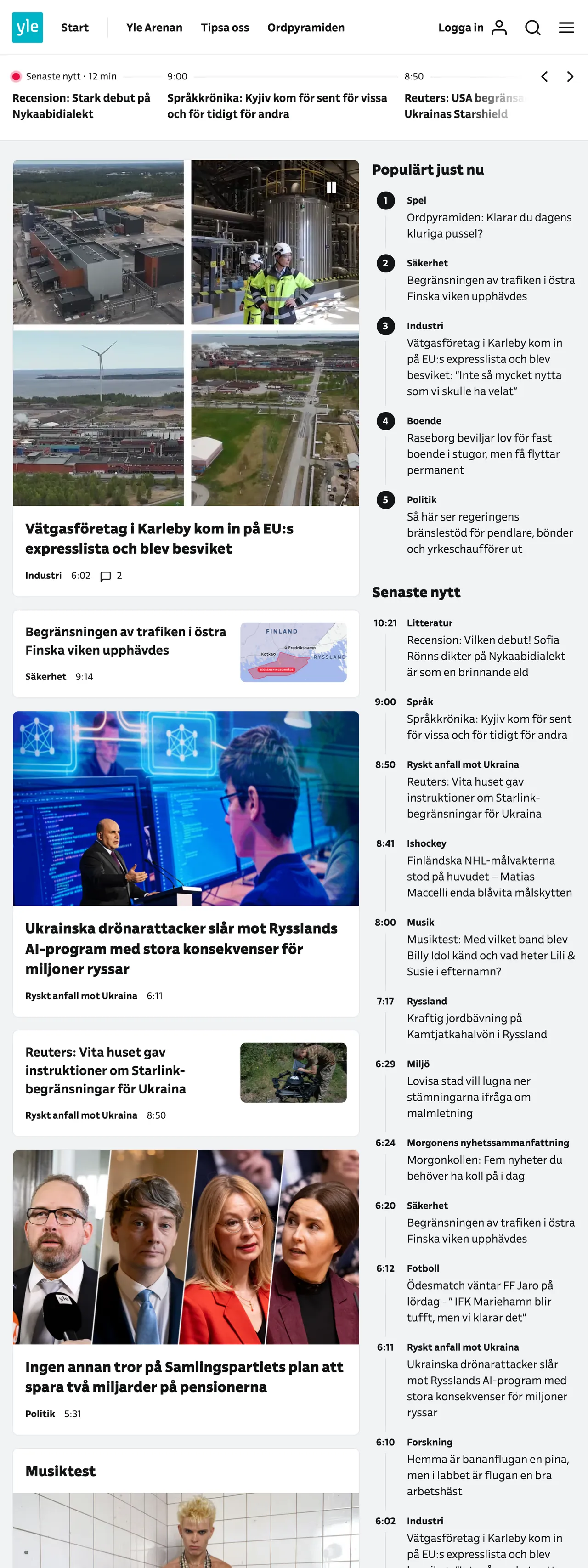 Screenshot of the Svenska Yle front page