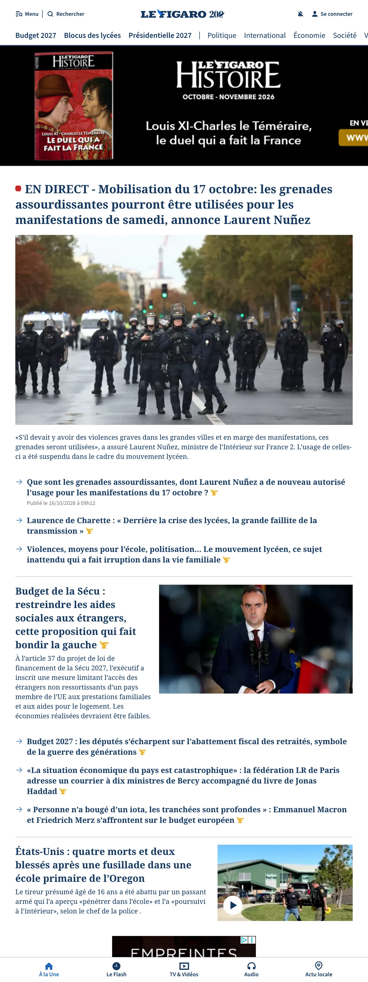 Screenshot of the Le Figaro front page