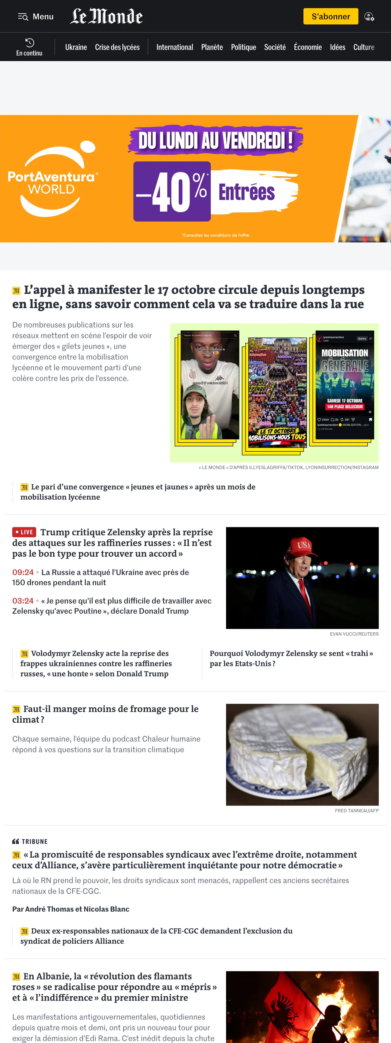 Screenshot of the Le Monde front page