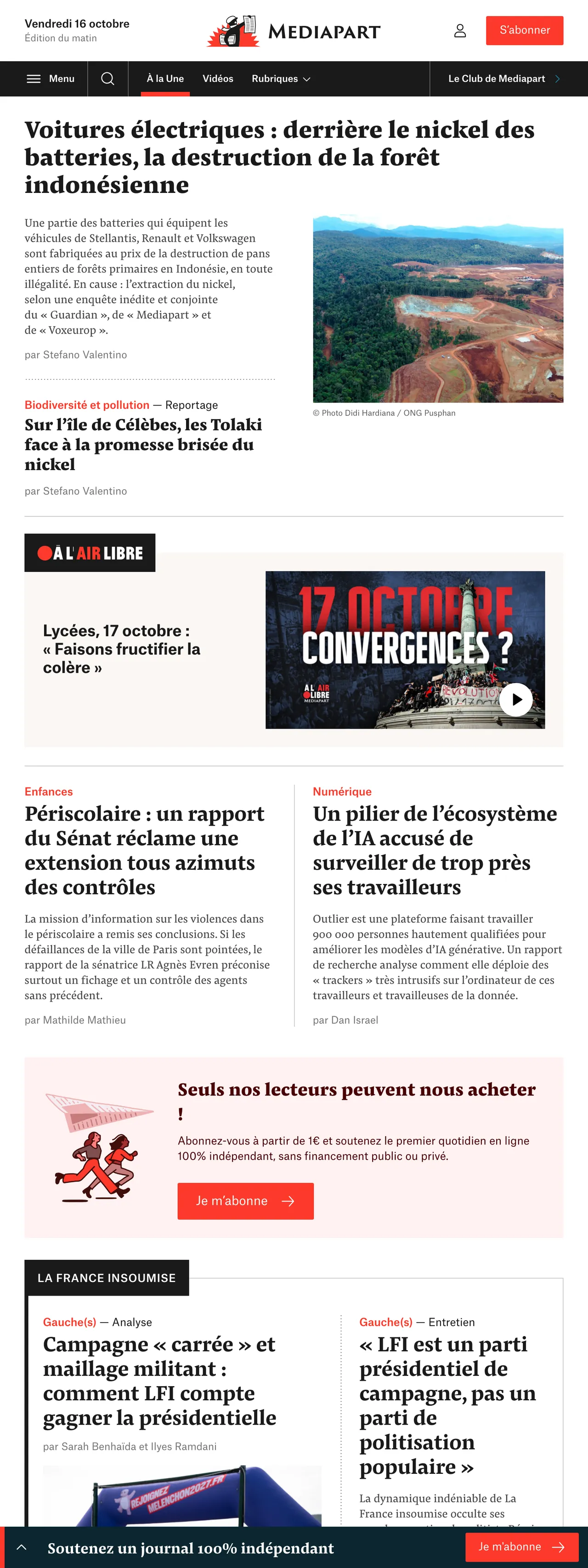 Screenshot of the Mediapart front page