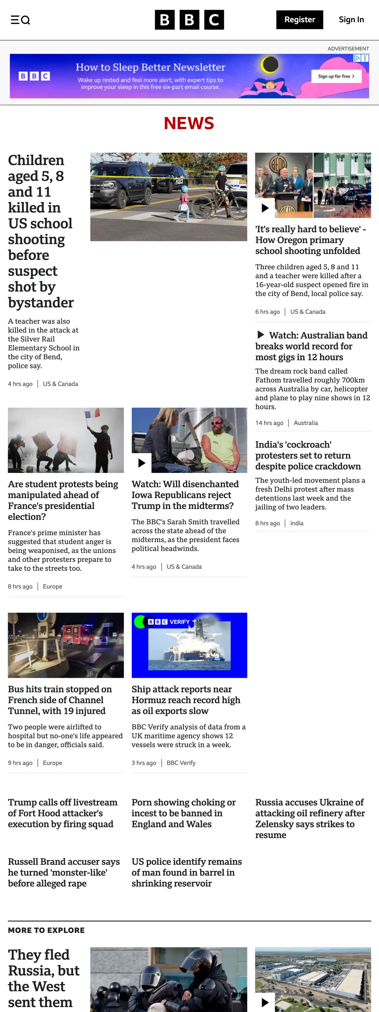 Screenshot of the BBC News front page