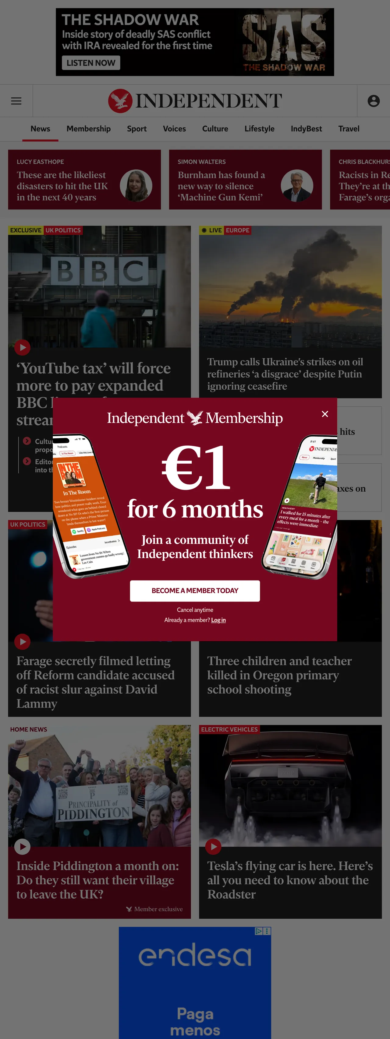 Screenshot of the The Independent front page
