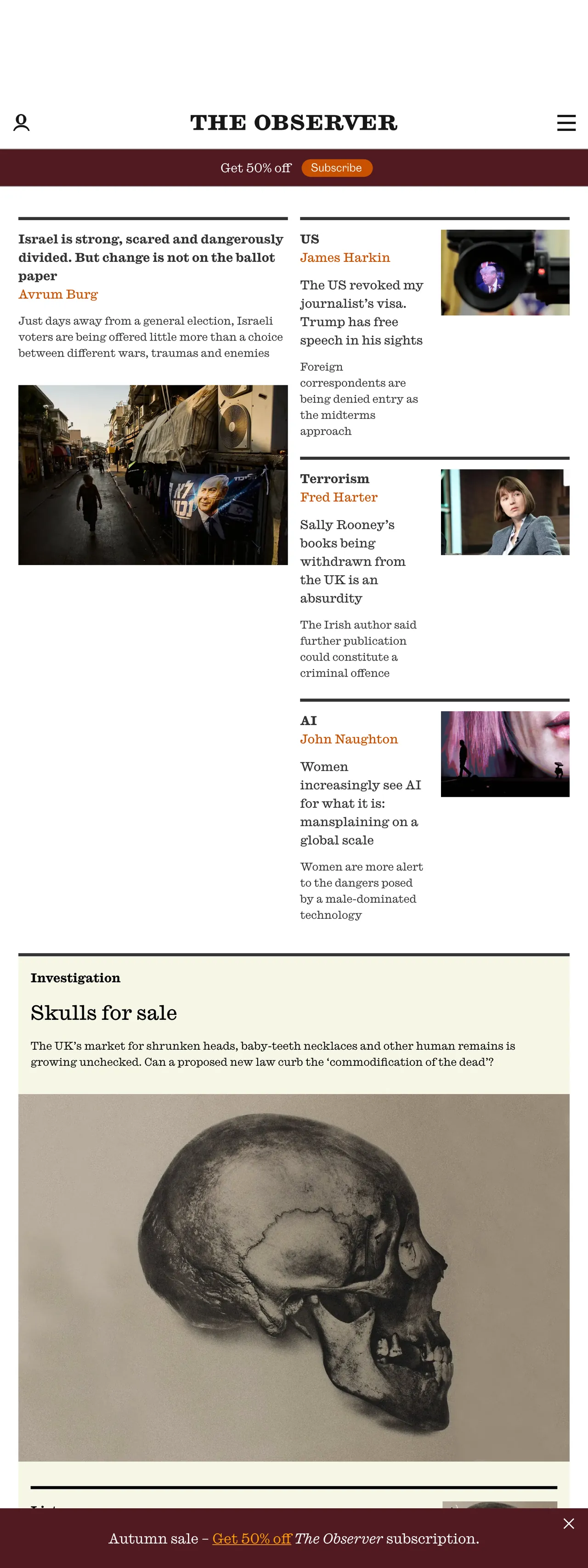 Screenshot of the The Observer front page