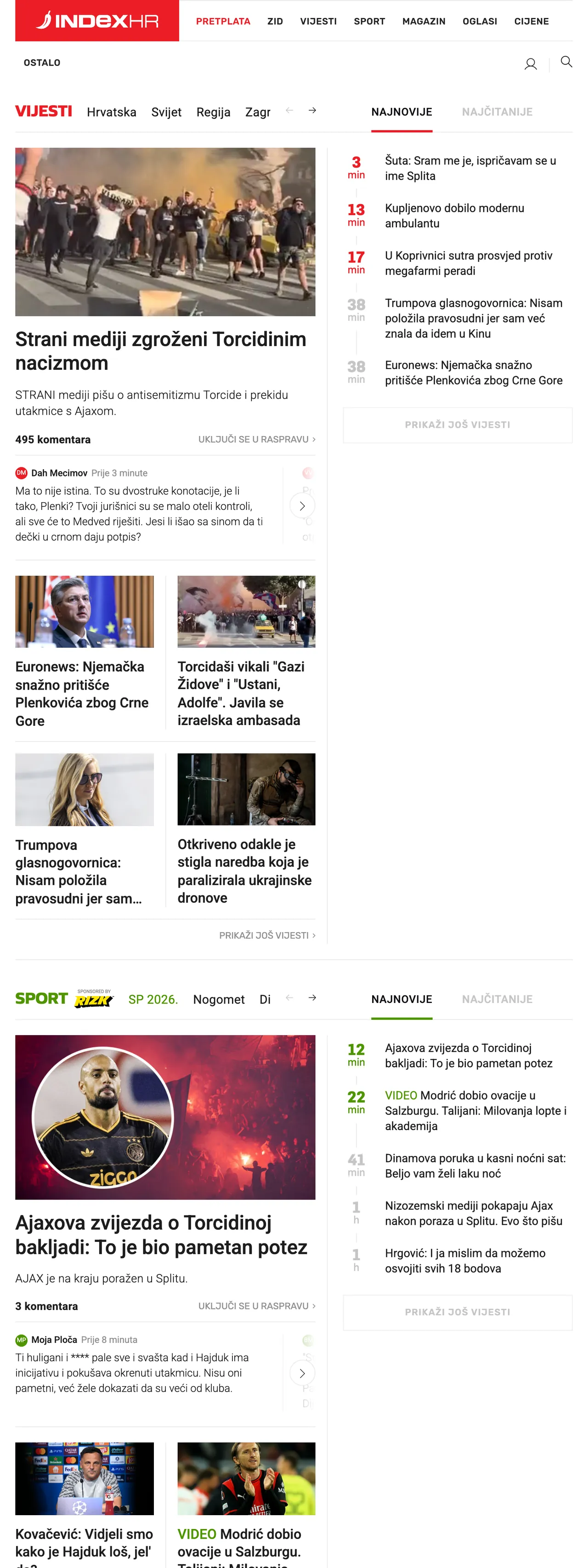 Screenshot of the Index.hr front page