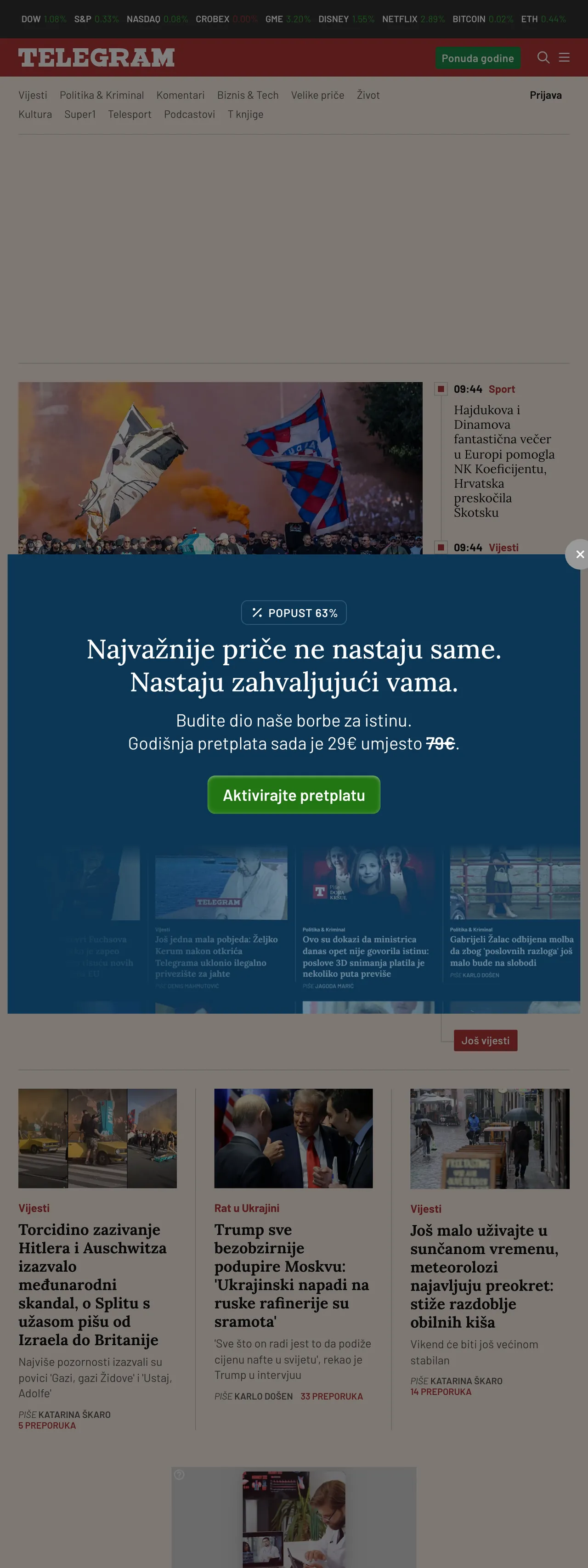 Screenshot of the Telegram.hr front page