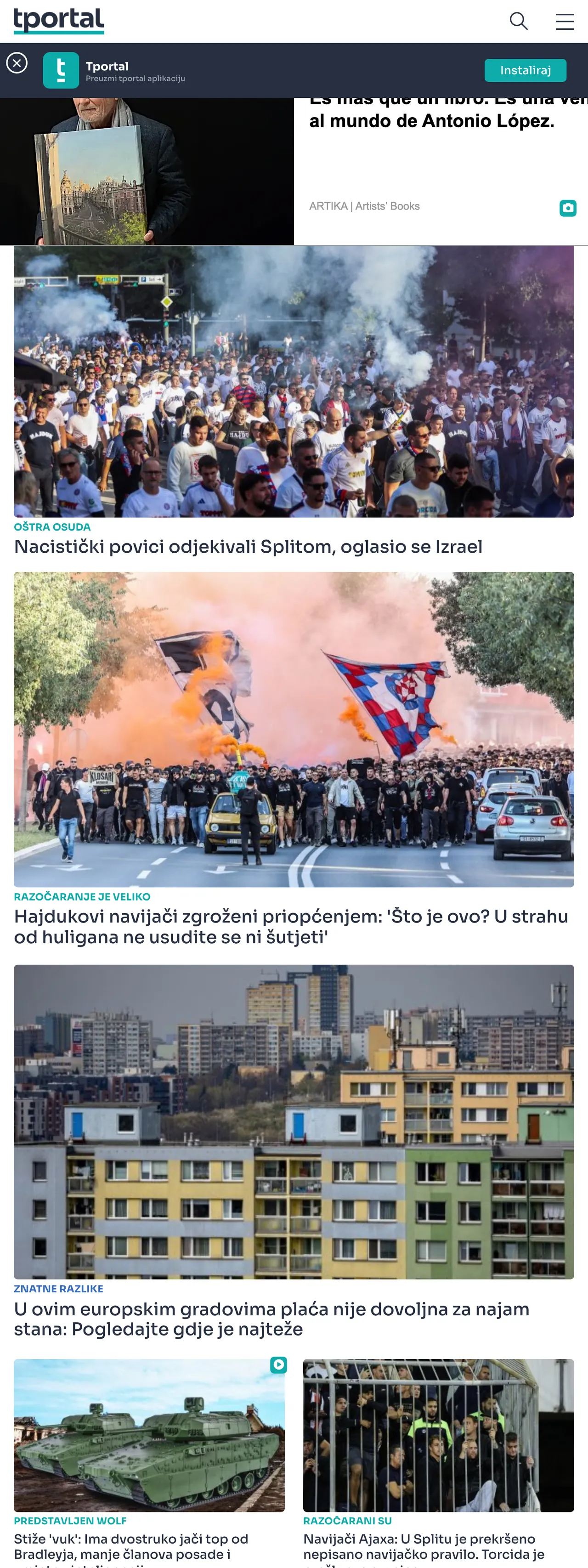 Screenshot of the tportal front page