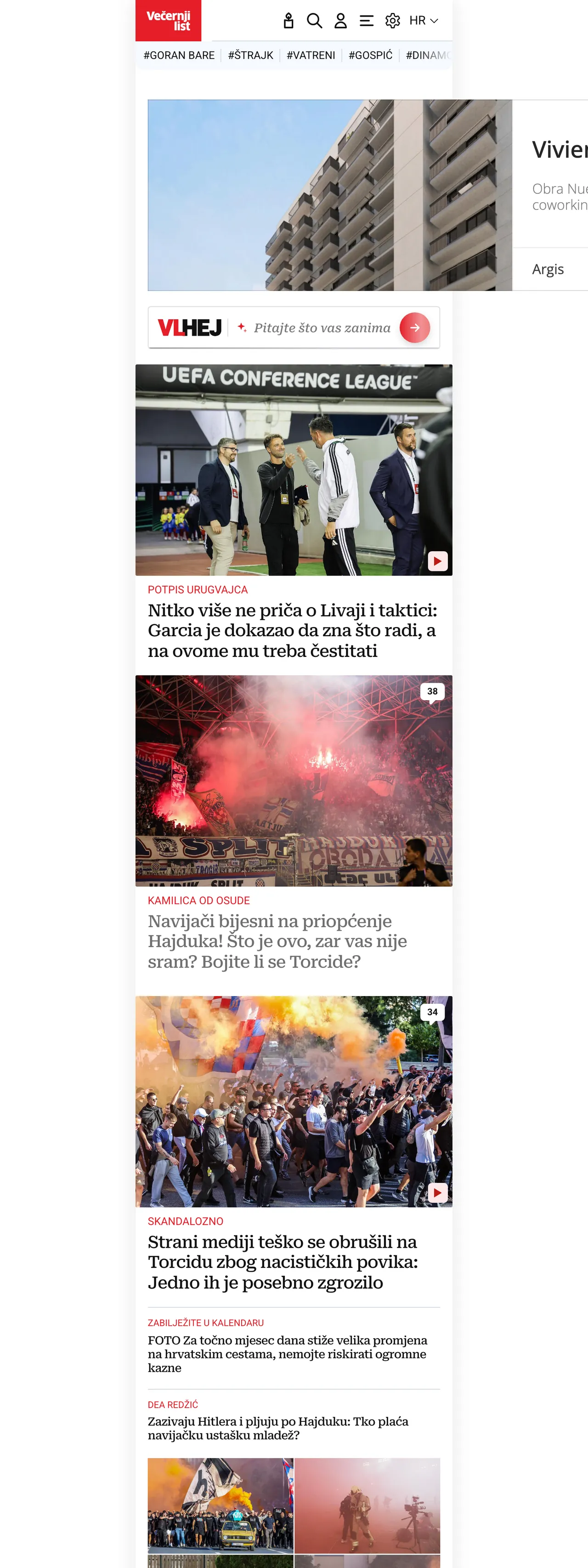 Screenshot of the Večernji list front page
