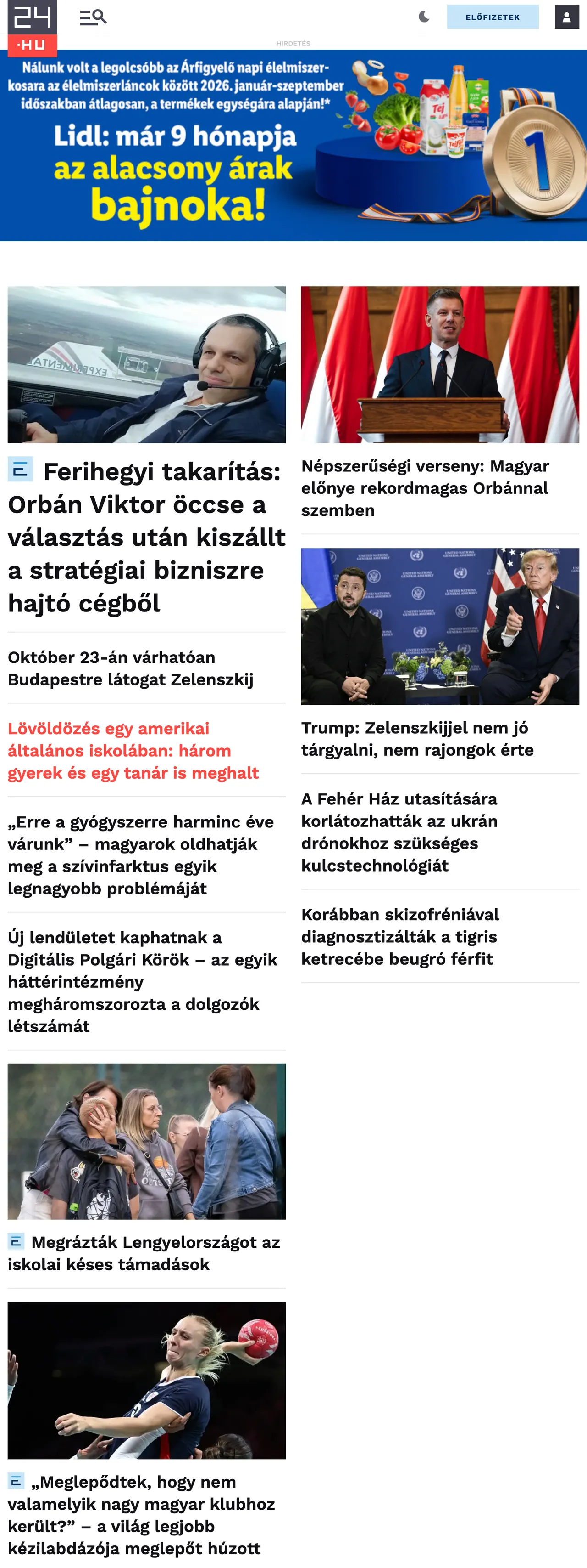 Screenshot of the 24.hu front page