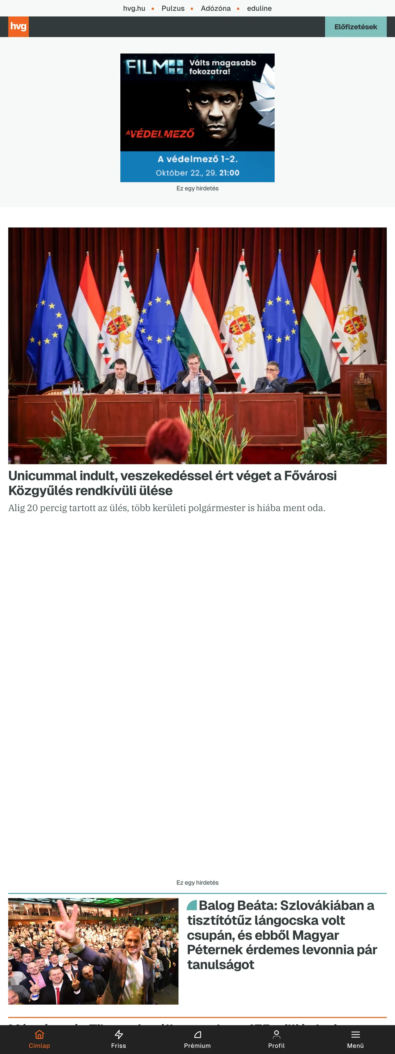 Screenshot of the HVG front page