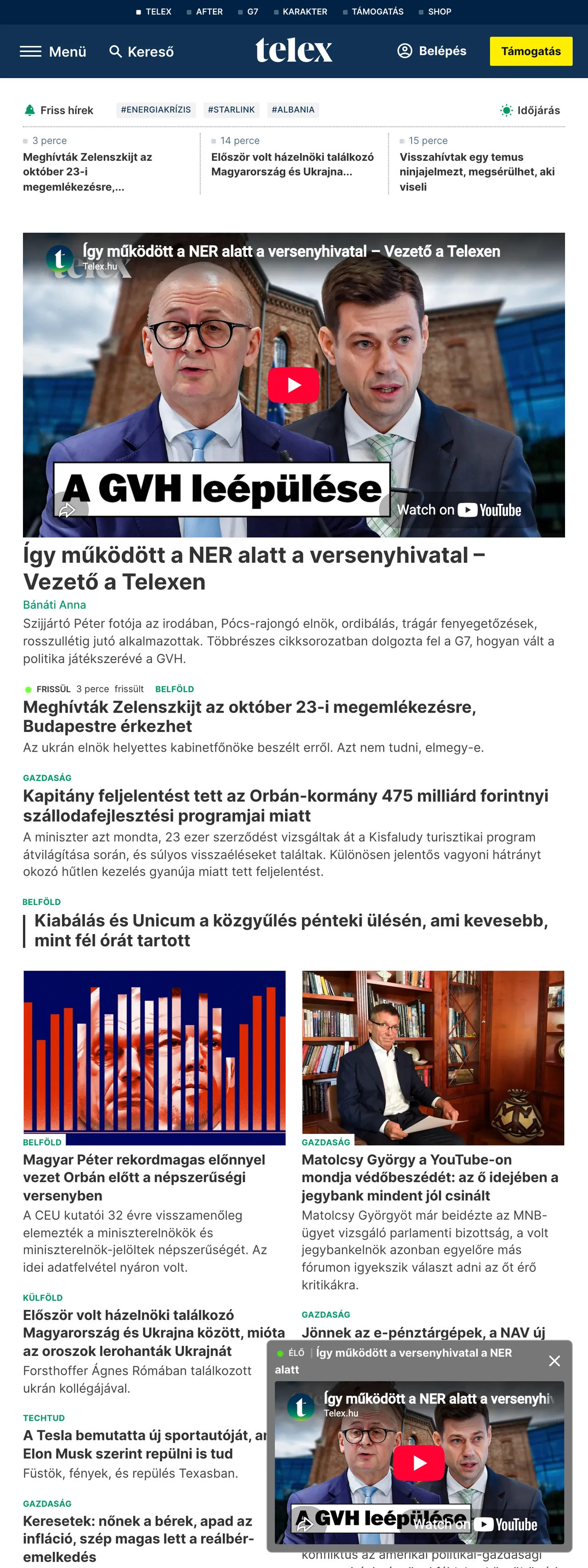 Screenshot of the Telex front page