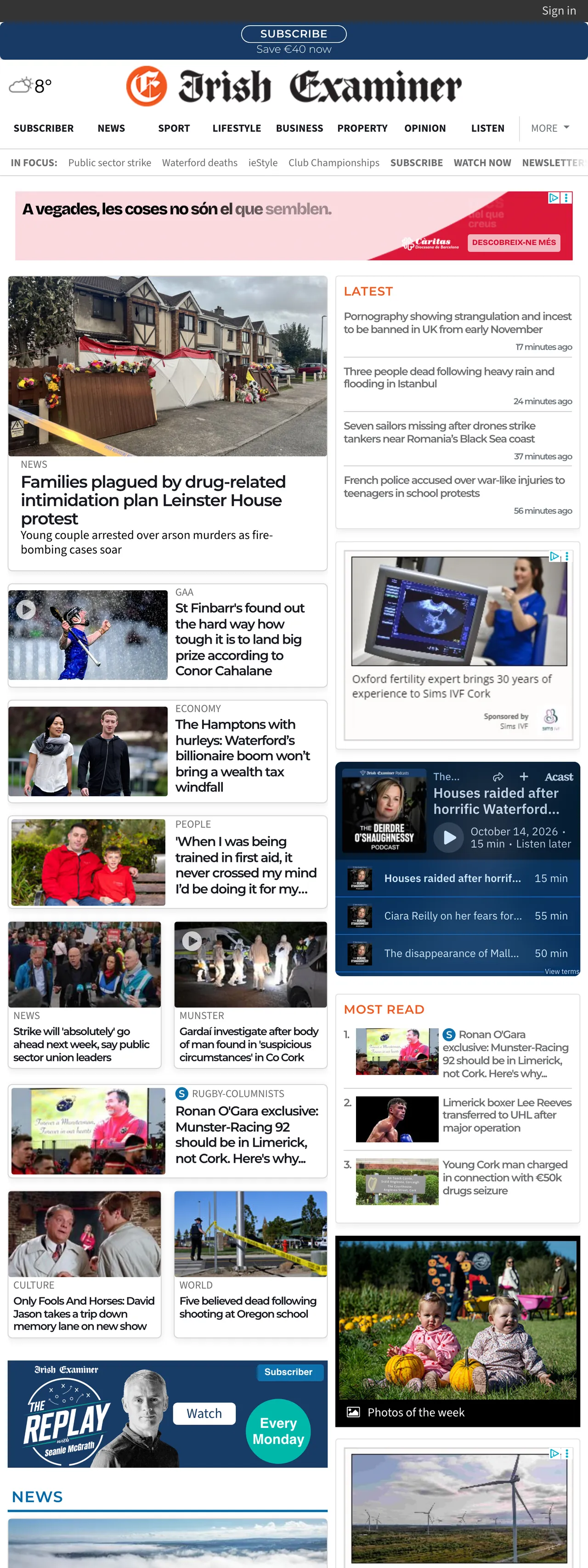 Screenshot of the Irish Examiner front page
