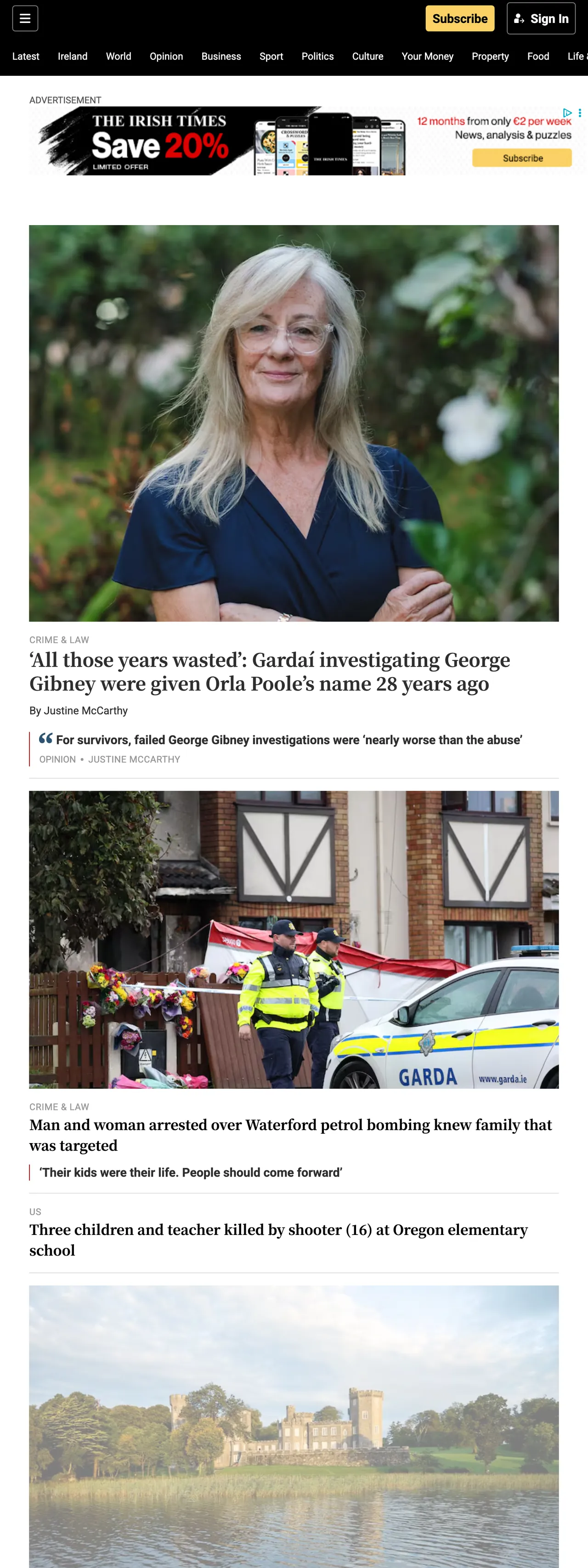 Screenshot of the The Irish Times front page