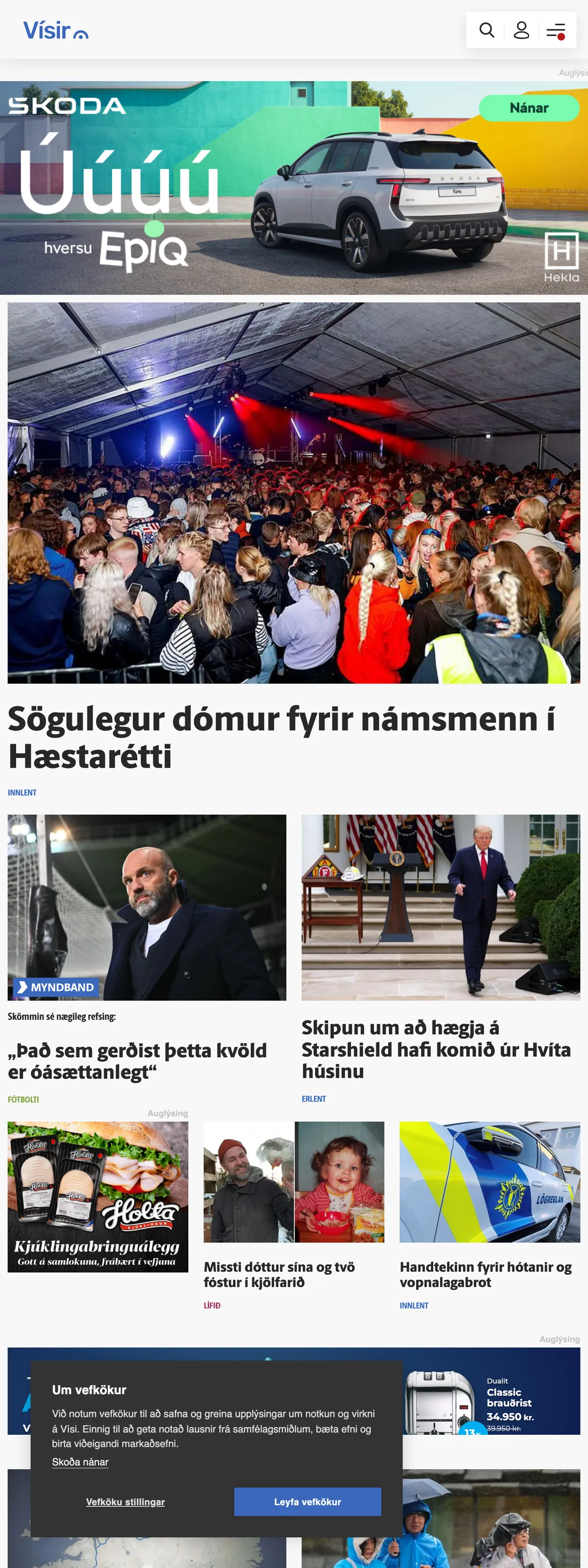 Screenshot of the Vísir front page