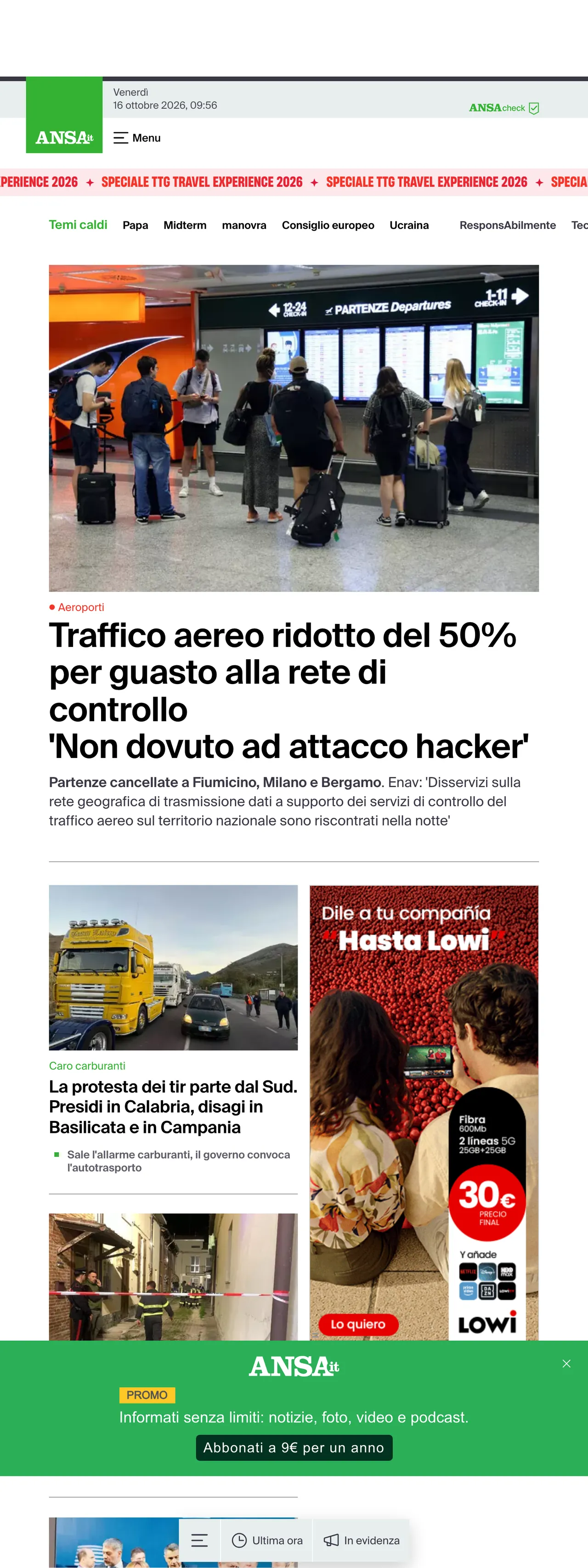 Screenshot of the ANSA front page