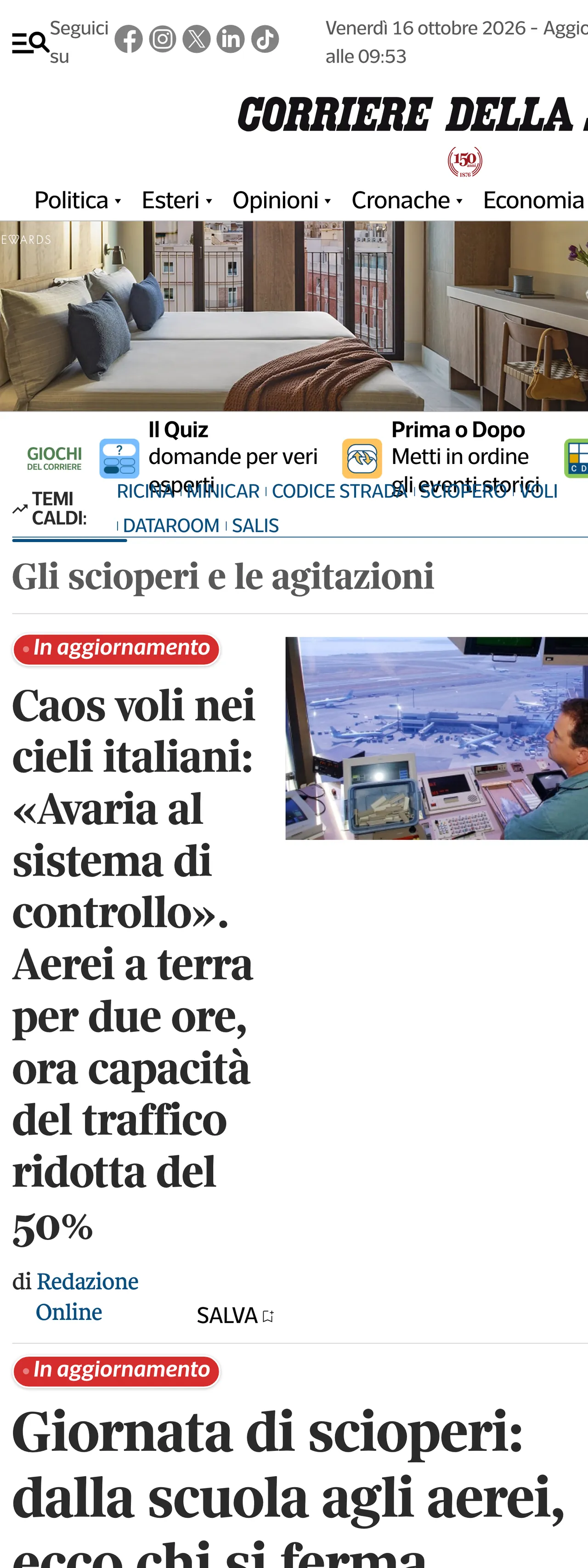 Screenshot of the Corriere della Sera front page