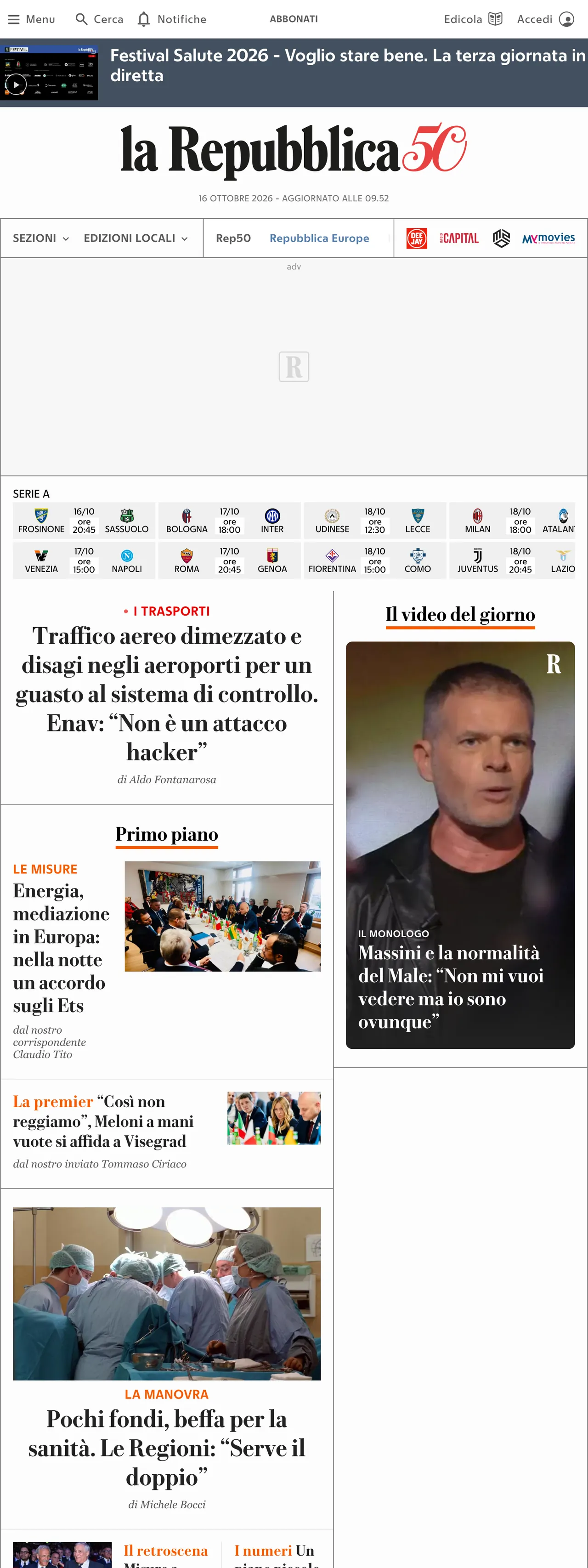 Screenshot of the la Repubblica front page