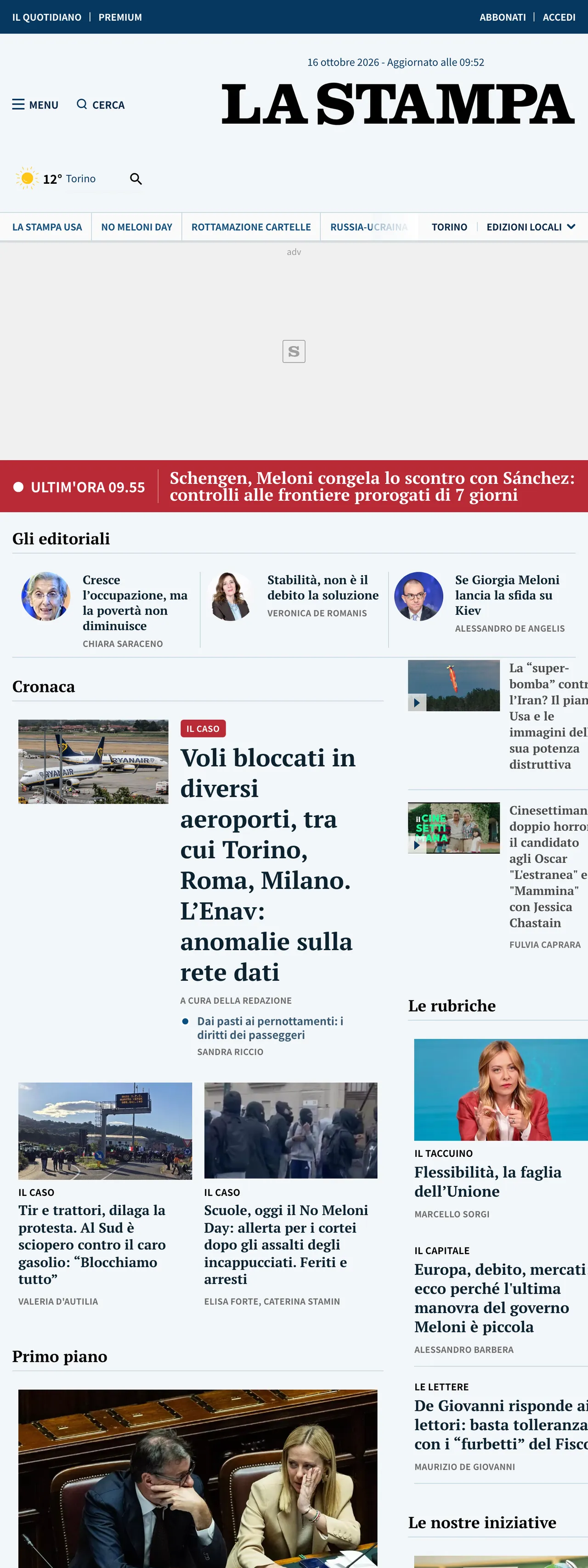 Screenshot of the La Stampa front page