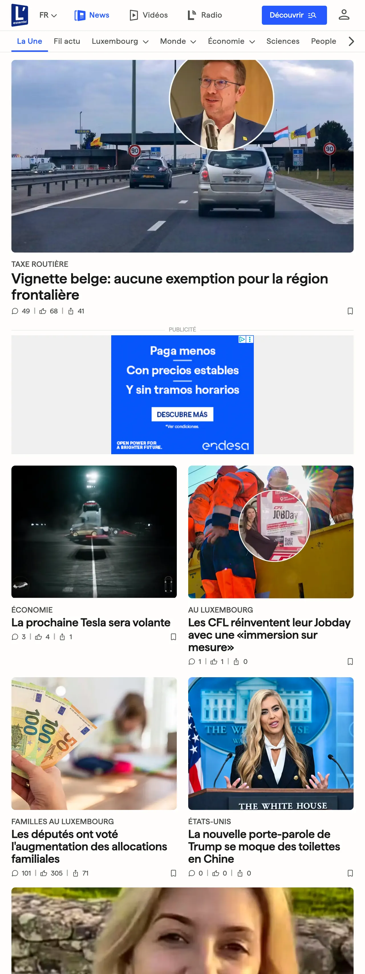 Screenshot of the L'essentiel front page