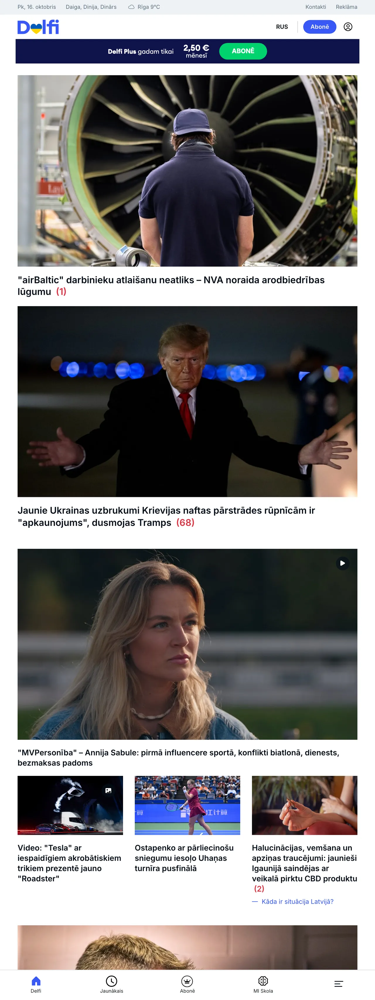 Screenshot of the Delfi front page