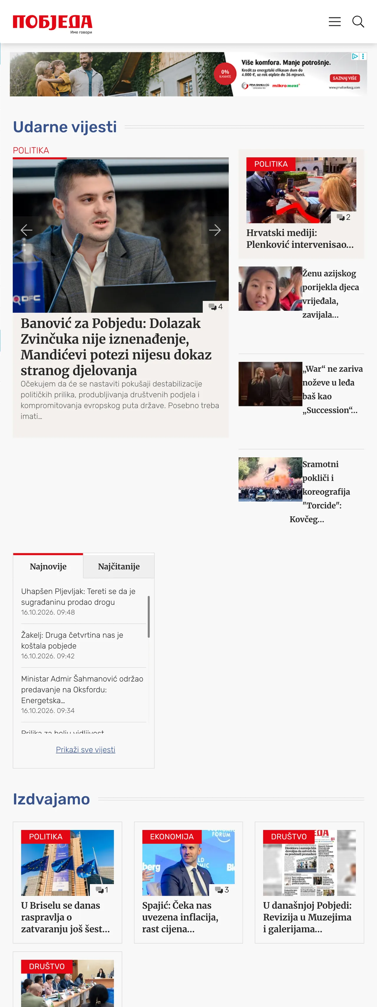 Screenshot of the Pobjeda front page