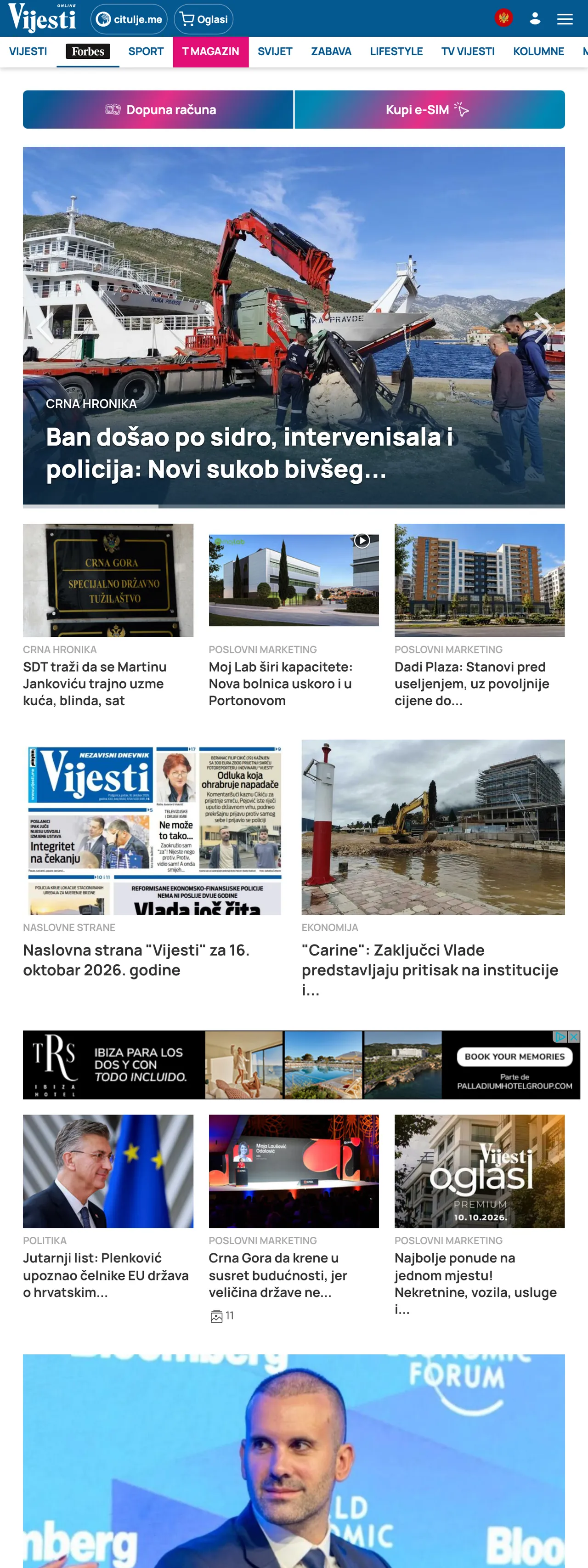 Screenshot of the Vijesti front page